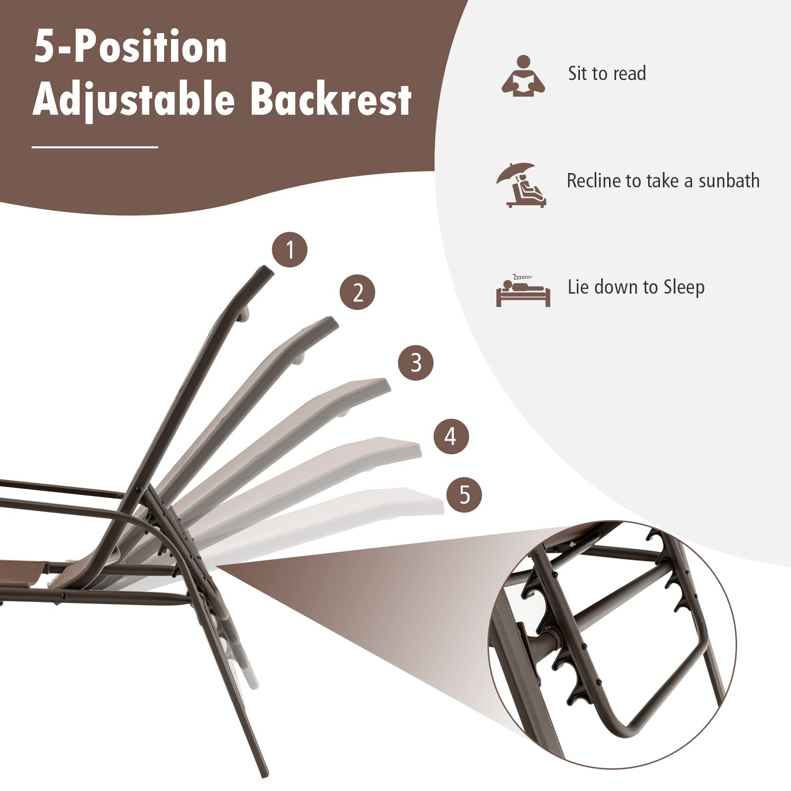Tangkula 2-Piece Adjustable Folding Stackable Patio Lounge Chairs Set - Heavy Duty Steel Frame, 5-Position Reclining Backrest - Perfect for Poolside, Backyard, Beach & Outdoor Relaxation (Brown)