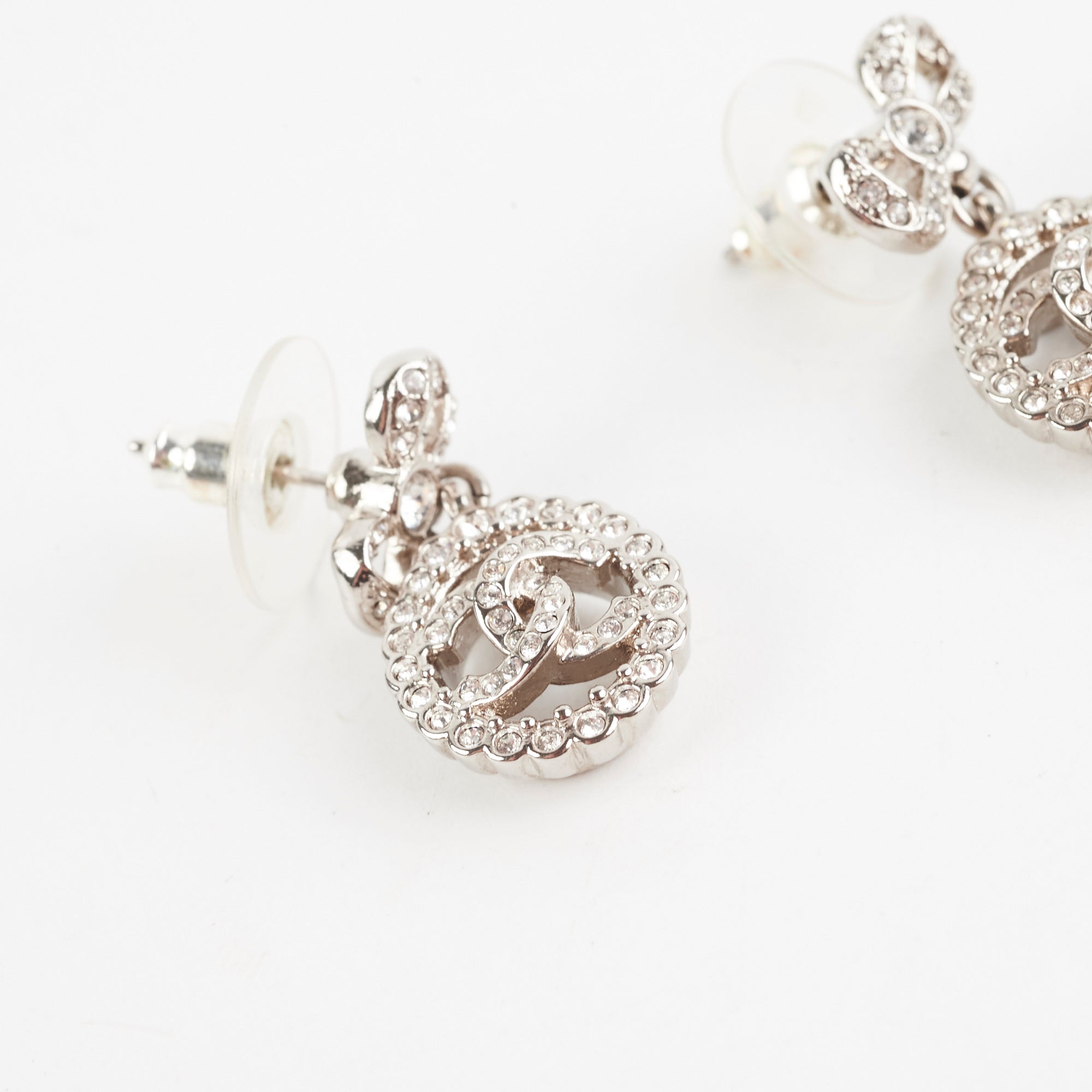 Chanel Logo Rhinestone Bow Earrings - Elegant Costume Jewelry for Women | Perfect for Parties, Weddings & Special Occasions