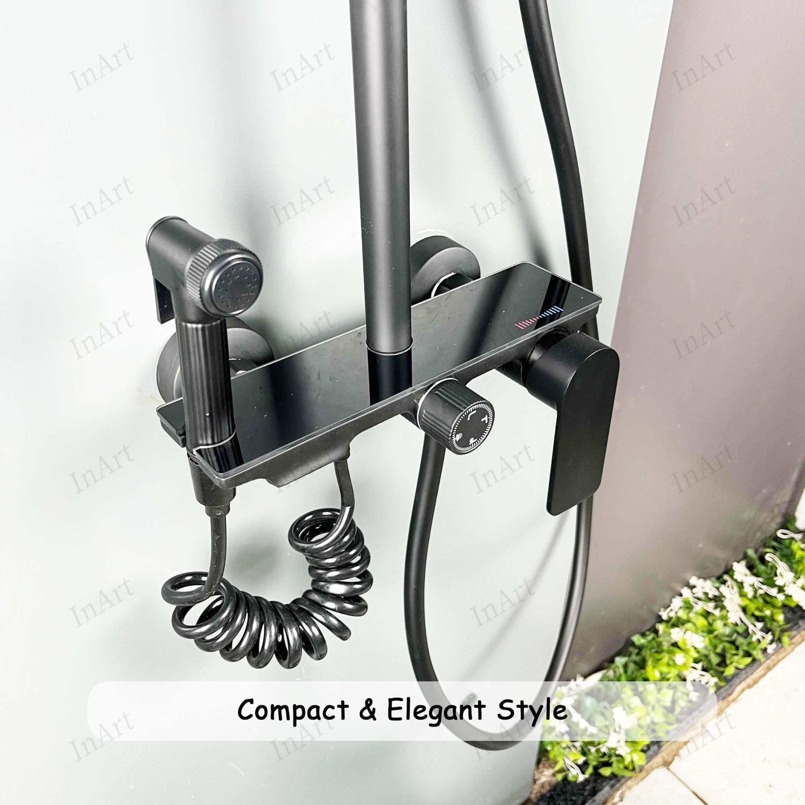 Premium InArt Brass Wall Mount Shower Set - 4-Function Mixer System with Hand Shower, Rainfall Shower Head & Jet Spray - Matte Black Bathroom Fixture for Luxurious Spa Experience at Home