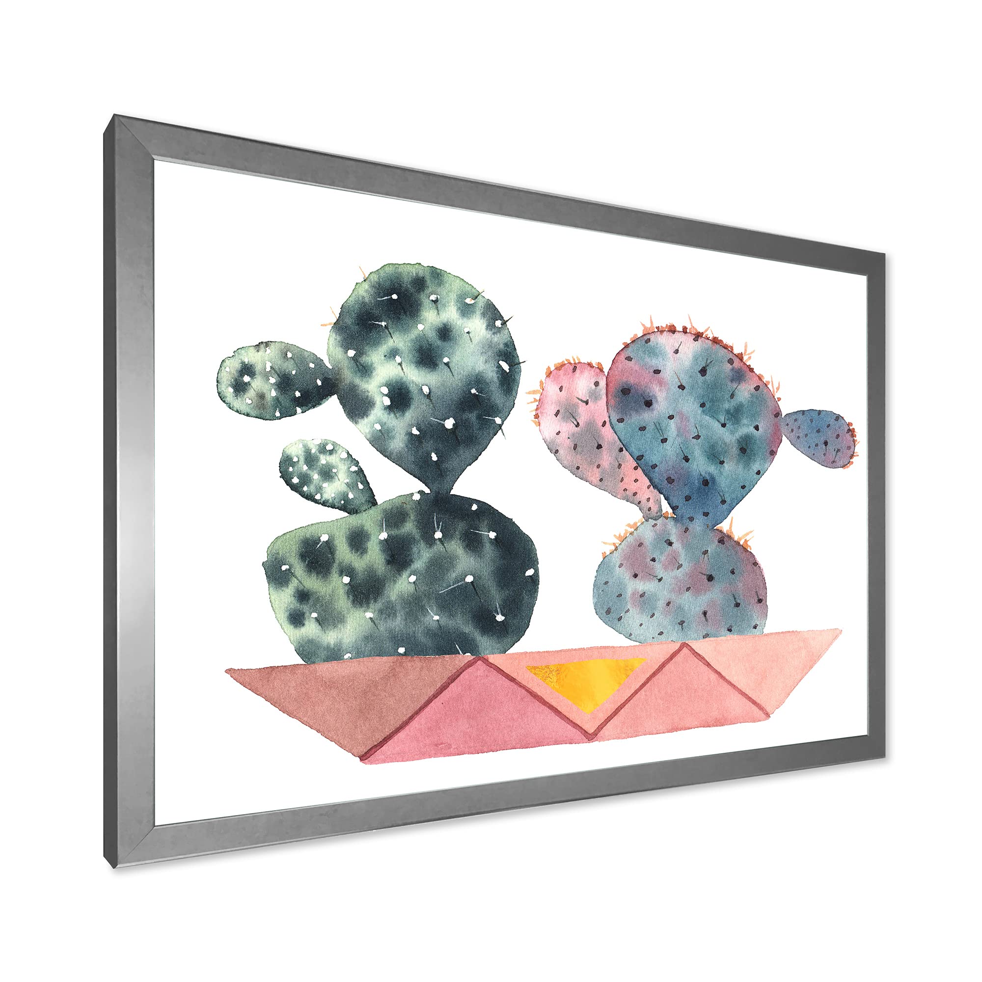 DesignQ Cactus Duo in Pink Geometric Pots - Modern Framed Wall Art for Home & Office Decor - Perfect for Living Room, Bedroom, or Workspace Aesthetic