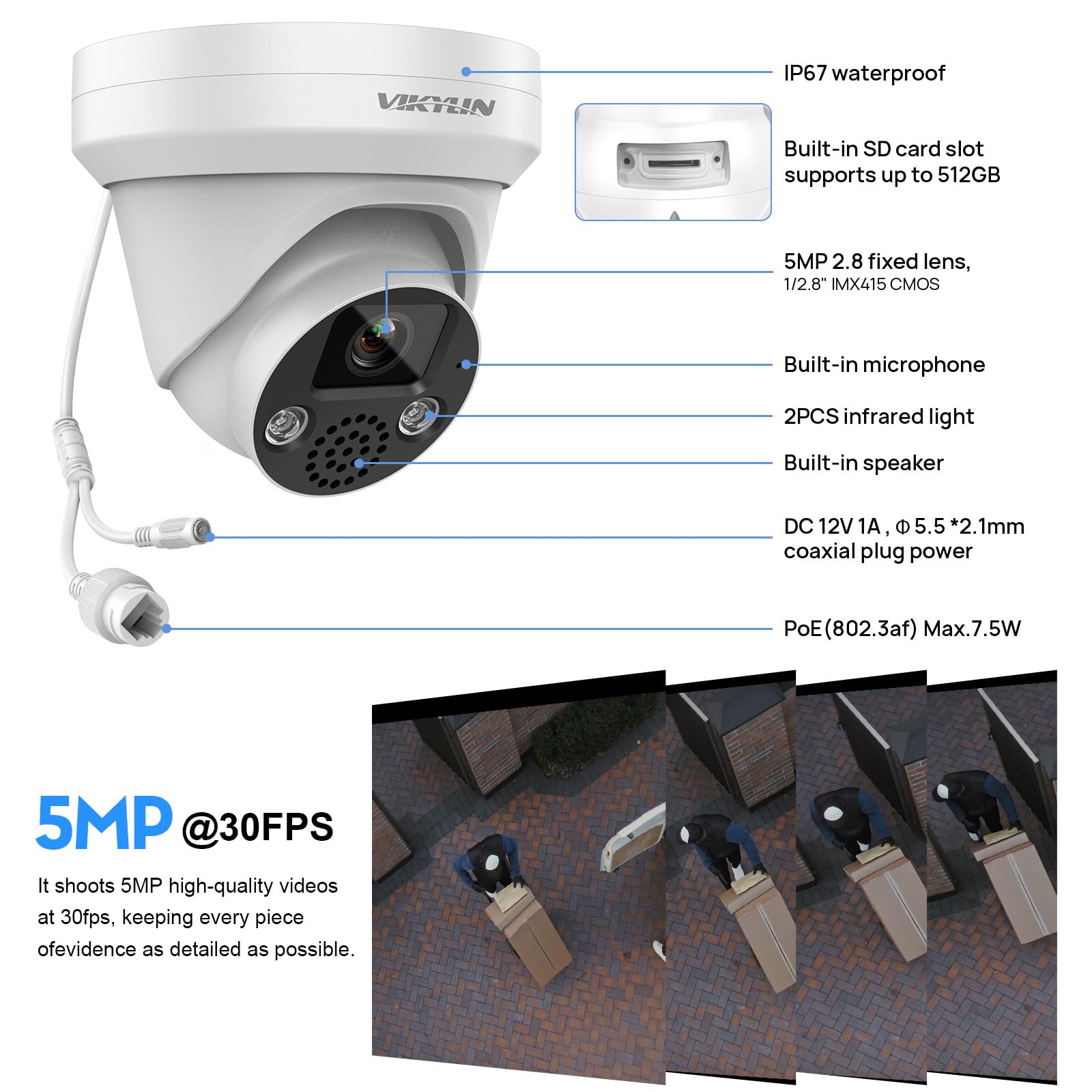 Hikvision 5MP POE IP Camera - Outdoor Security Surveillance Camera with 2-Way Audio, 5MP@30fps, Human/Vehicle Detection, 98ft Night Vision, SD Card Slot (512GB), IP67 Waterproof - Ideal for Home, Business & Property Monitoring