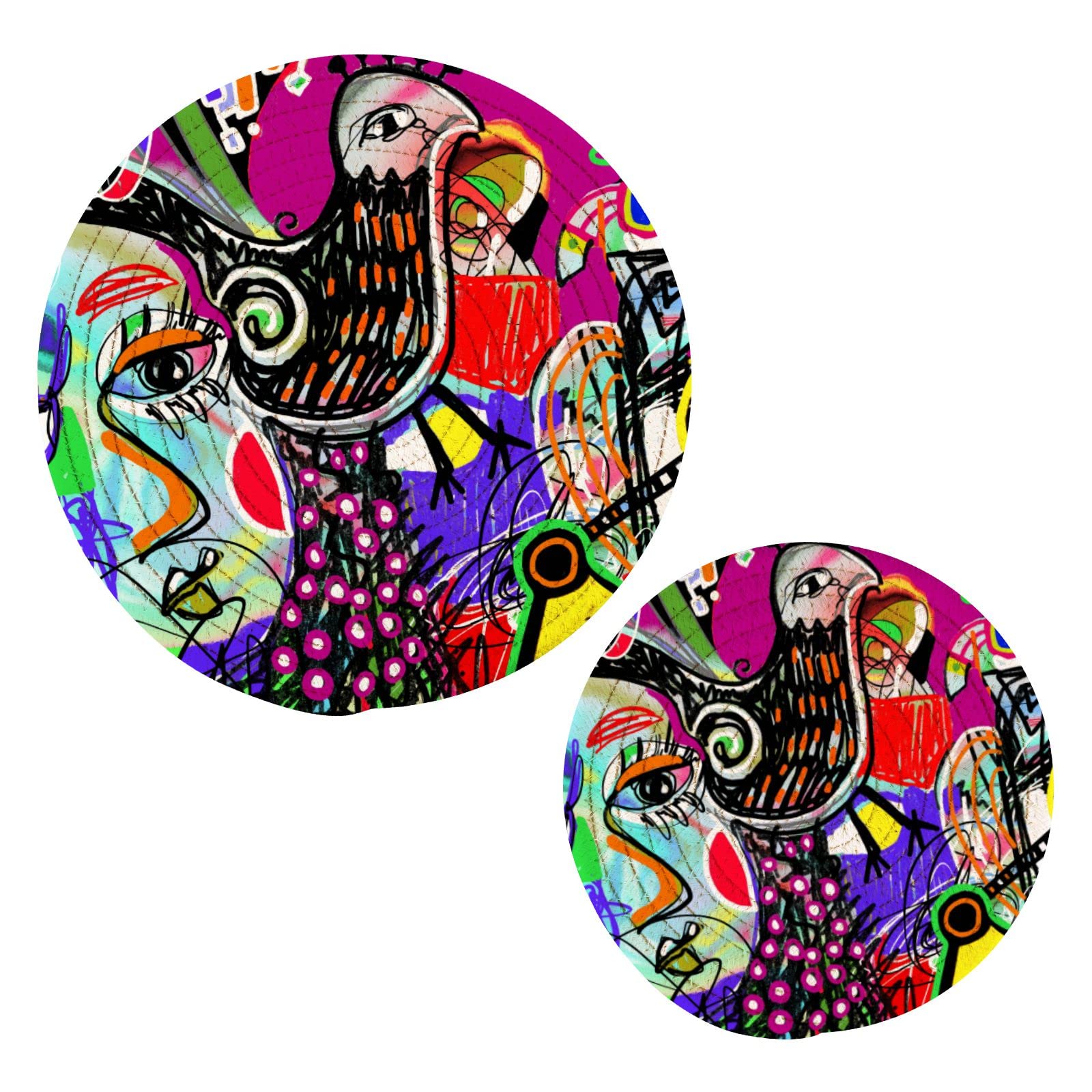 Vintage Colorful Doodle Pot Holders Set of 2 - Heat Resistant Kitchen Trivets for Hot Pans, Bowls & Teapots - Artistic Cotton Woven Hot Pads for Modern Home Decor - Perfect for Dinner Parties, Baking & Kitchen Protection