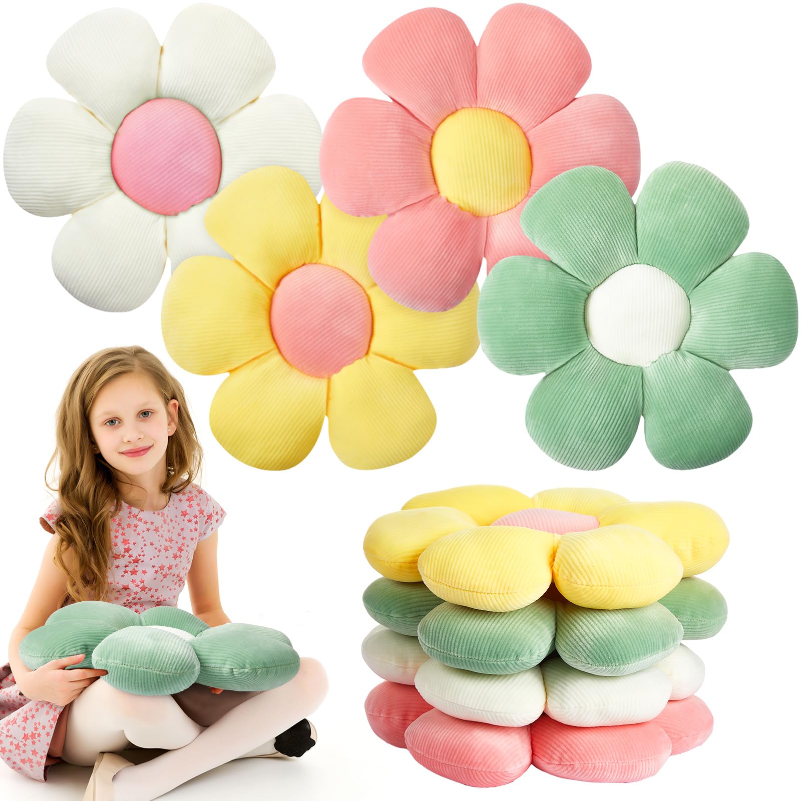 4-Piece Flower Floor Pillow Set - Soft Plush Daisy Throw Pillows for Sofa, Couch, Bed & Floor Seating - 15 Inch Light Color Home Decor - Perfect for Back to School, Dorm Room & Cozy Living Spaces