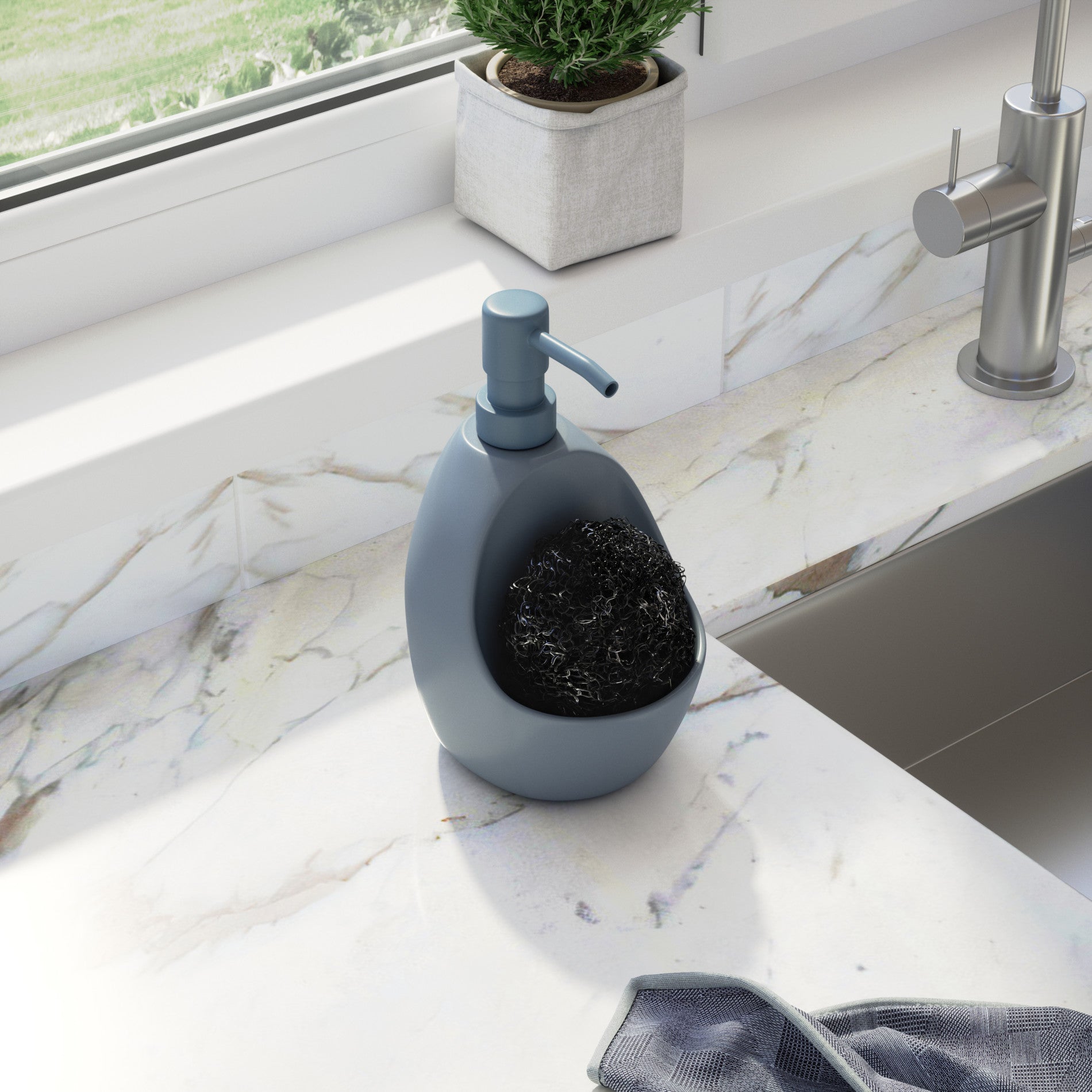 Joey Soap Pump & Scrubby - Hands-Free Foaming Soap Dispenser with Built-in Scrub Brush for Kitchen, Bathroom, and Sink Cleaning (BPA-Free) - Perfect for Dishes, Countertops, and Household Chores