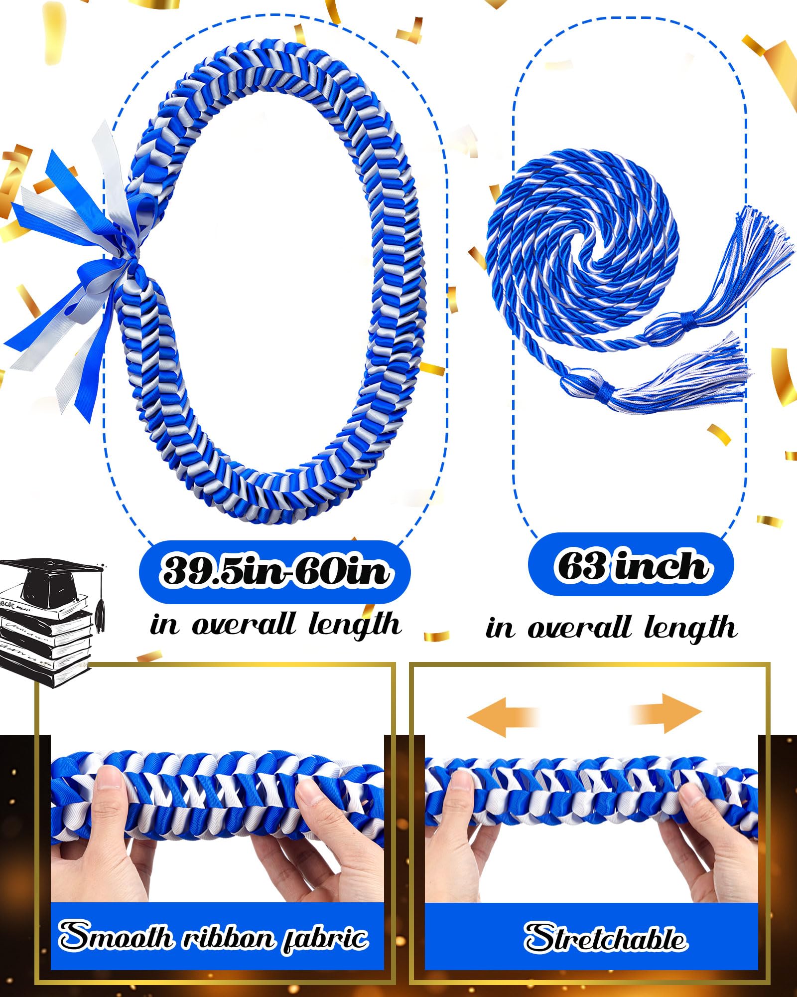 **Cinderella Graduation Leis 2025 - Blue & White Braided Ribbon Lei, Cap Headband & Honor Cords - Class of 2025 Graduation Gift for Men & Women - Perfect for Graduation Parties, Ceremonies & Photo Shoots**