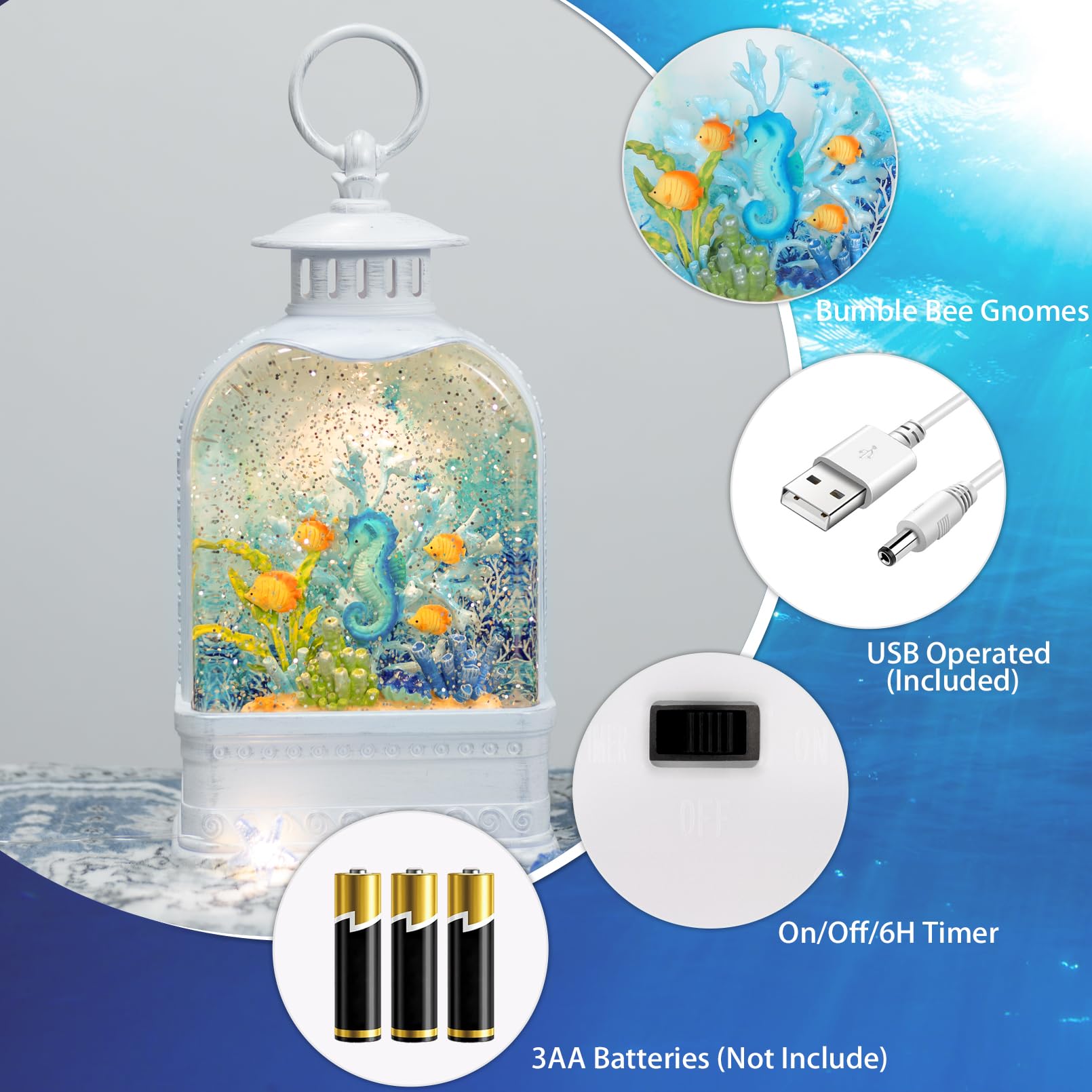 11 Inch Light Up Seahorse Snow Globe with 6H Timer - Ocean Themed Sparkling Nautical Decor for Home, Office, or Summer Beach House - Perfect Gift for Sea Lovers & Coastal Decor Enthusiasts