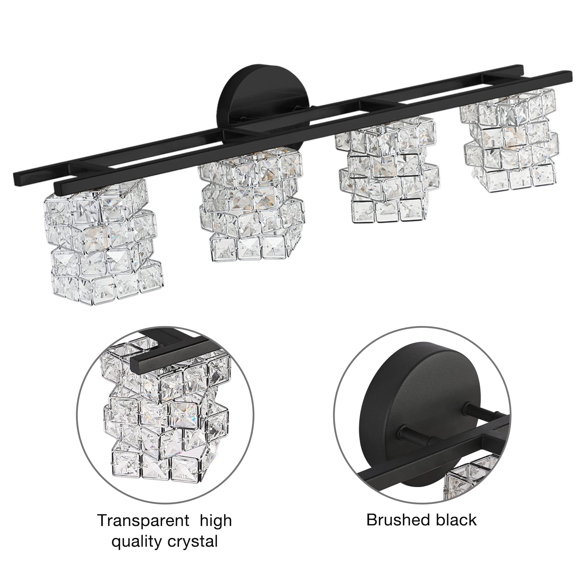 Modern Black BDL Bathroom Vanity Light Fixture - 4-Light Crystal Shade Wall Sconce for Mirror Lighting (Bulbs Not Included) | Perfect for Bathroom, Powder Room & Dressing Room Makeup Lighting
