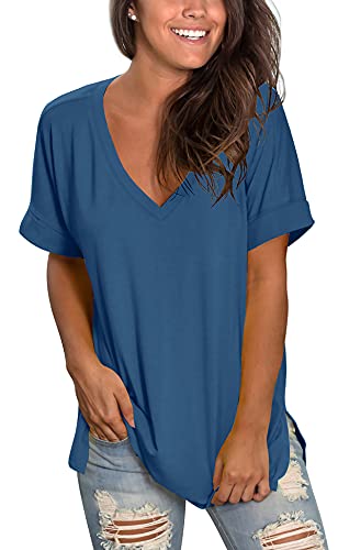 Women's V-Neck T-Shirt | Rolled Short Sleeve Summer Top | Loose Fit Side Split Tee | Casual Wear for Beach, Travel & Everyday Outfits