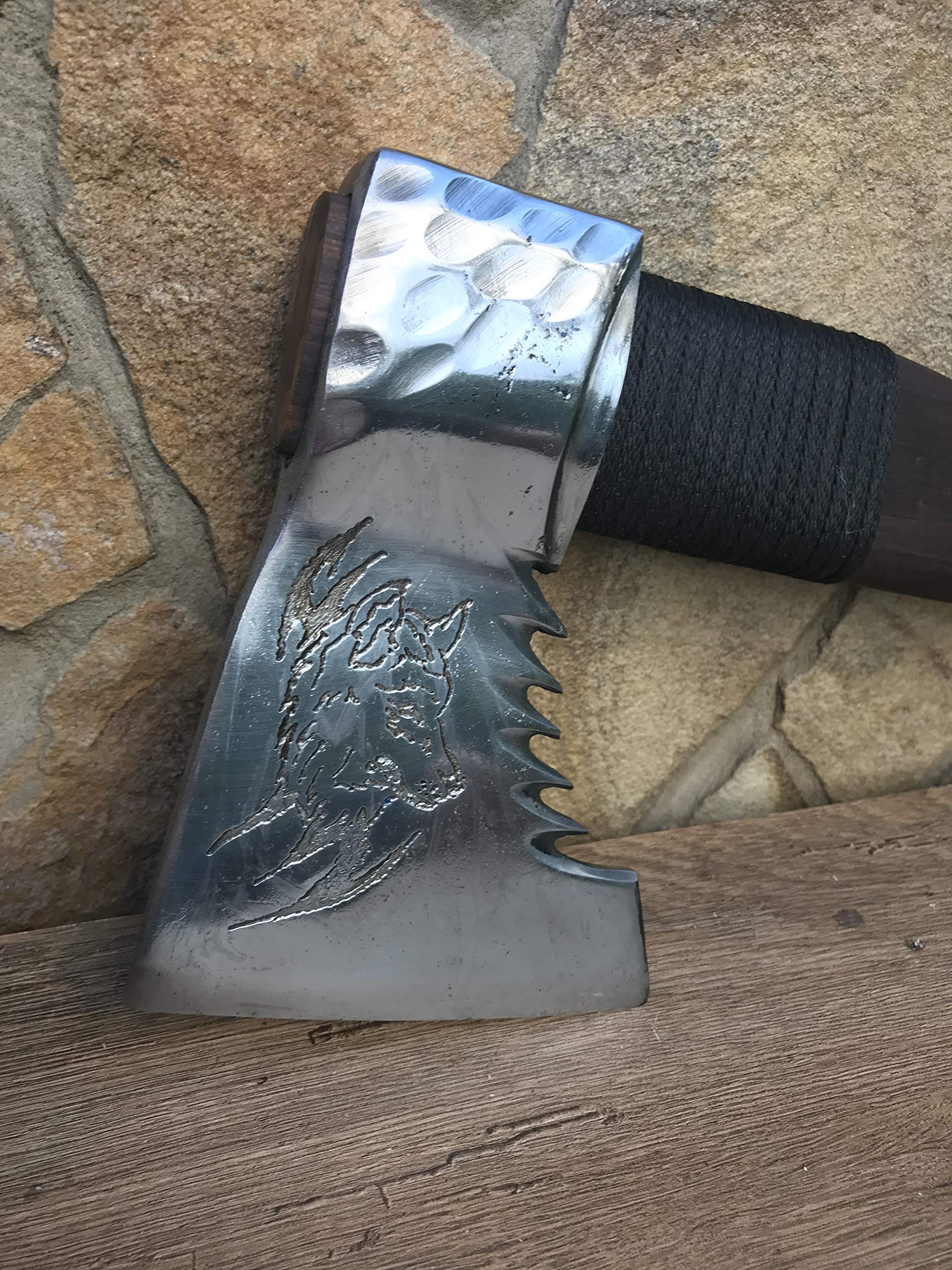 Personalized Viking Axe with Leather Sheath - Handcrafted Wolf Etched Design - Perfect Gift for Men, Dad & Handyman - Home Decor & Outdoor Tools for Camping, Woodworking & Survival