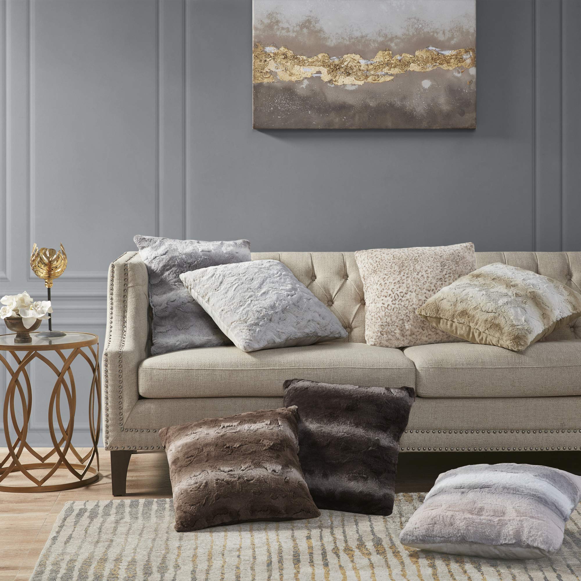 Madison Park Zuri Faux Fur Ombre Stripe Ultra Soft Luxury Decorative Throw Pillows for Couch, Sofa, Bed - Includes Insert - 18x18 Inches - Snow Leopard Print - Perfect for Living Room, Bedroom & Home Decor