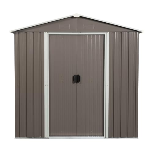 6x5 FT Outdoor Metal Garden Storage Shed with Side Window - Utility Tool Shed with Sloping Roof, Air Vents & Lockable Sliding Doors - Durable Backyard Lawn Storage House (Grey, 6x5) - Perfect for Storing Gardening Tools, Lawn Mowers & Outdoor Equipment