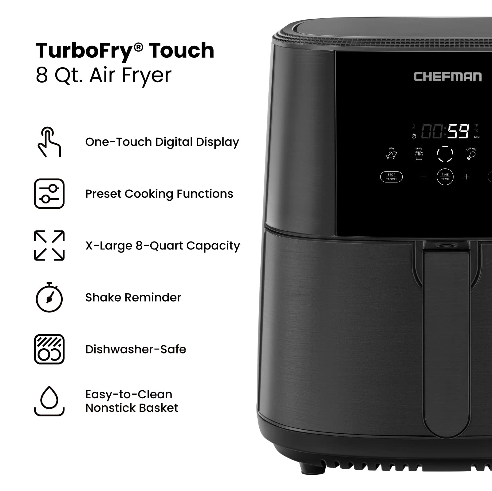 Chefman TurboFry Touch 8-Quart Digital Air Fryer - Large Family Size Healthy Oil-Free Cooker with One-Touch Controls & Presets for Fries, Chicken, Meat, Fish - Nonstick Dishwasher-Safe Basket - Perfect for Quick Meals, Snacks & Family Dinners (Black)