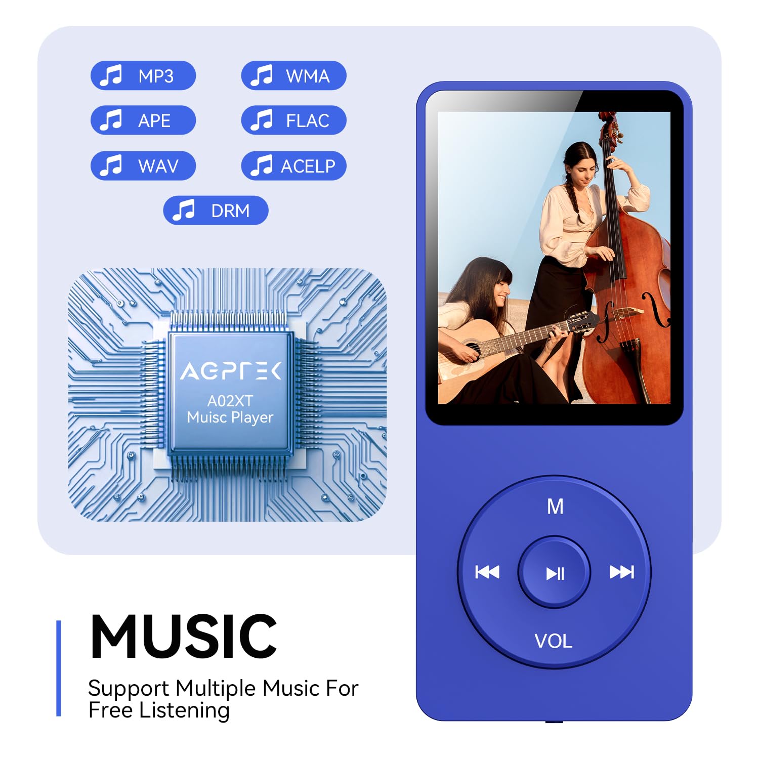AGPTEK A02 MP3 Player with Noise Cancelling Earbuds - Portable Music Player for Running, Workout, Travel & Sleep | 8GB Storage, FM Radio, Voice Recorder