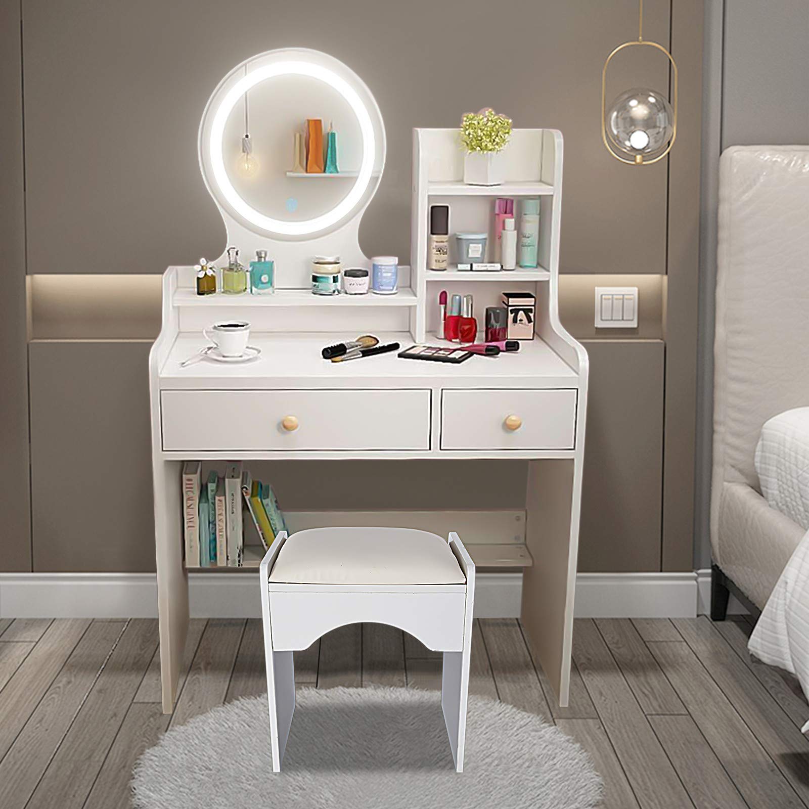 Uplik Vanity Table Set with Touch Screen LED Lighted Mirror - White Makeup Dressing Table with Cushioned Stool, 3 Color Lighting Modes - Perfect Dresser Desk for Bedroom, Bathroom & Home Salon - Ideal for Makeup Application, Skincare Routine & Getting Ready
