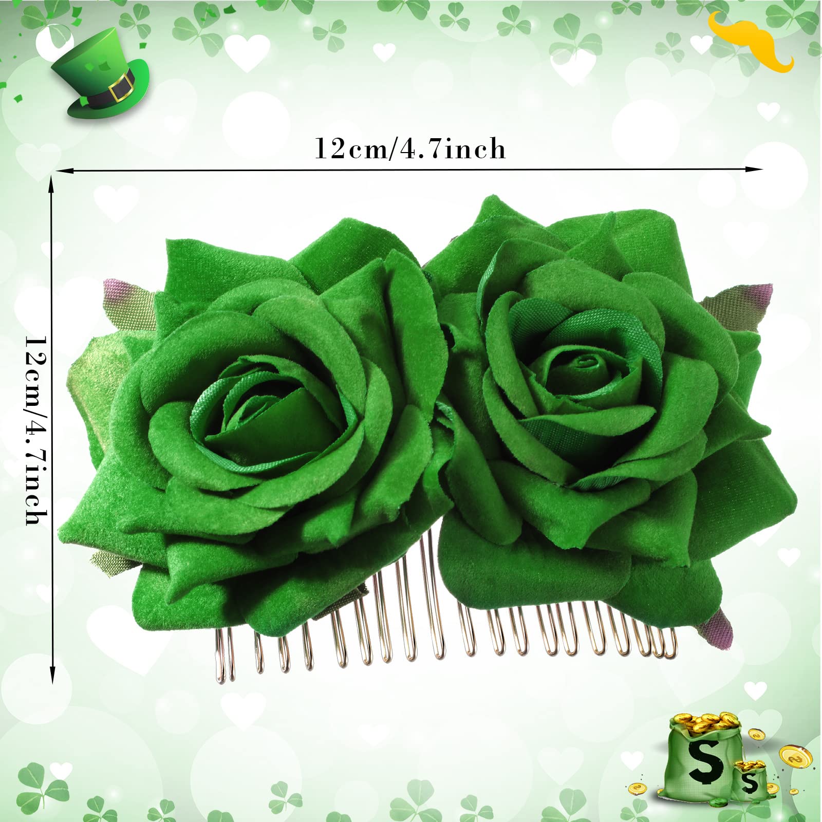 MTLEE 2 Pack Green Rose Flower Hair Clips - St. Patrick's Day Hair Accessories for Women & Girls, Irish Rose Hairpins, Shamrock Hair Comb for St. Paddy's Day Party, Wedding, Festival & Cosplay