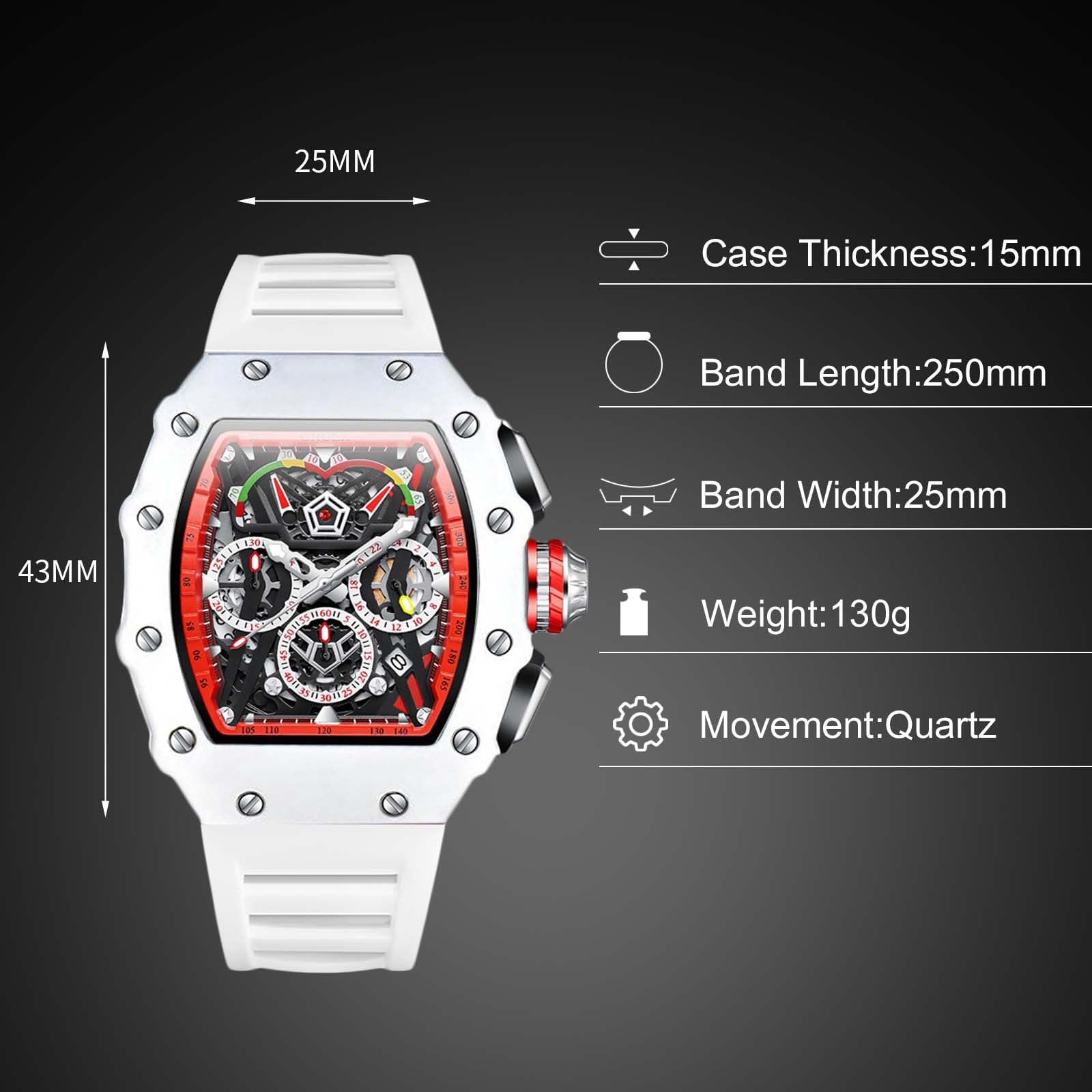 RORIOS Men's Tonneau Watch - Analog Quartz Chronograph Wristwatch with Silicone Strap | 5ATM Waterproof | Fashionable Multifunctional Dress Watch for Business, Casual & Outdoor Activities