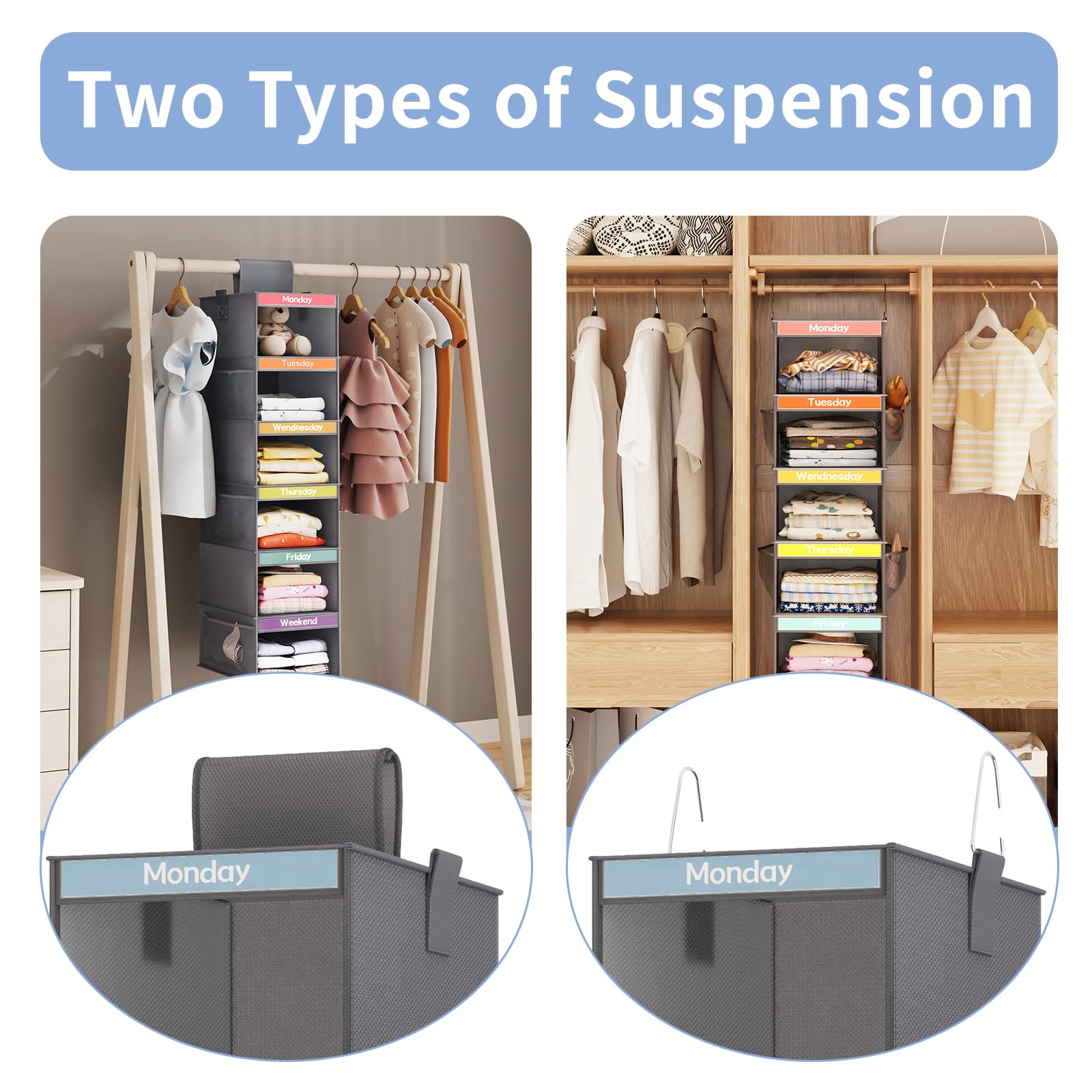 Fixwal 6-Shelf Weekly Clothes Organizer for Kids - Hanging Closet Organizer with 6 Side Pockets - Days of The Week Storage Shelves for Toddler & Children (Dark Grey) - Perfect for Bedroom, Nursery & Daycare Organization