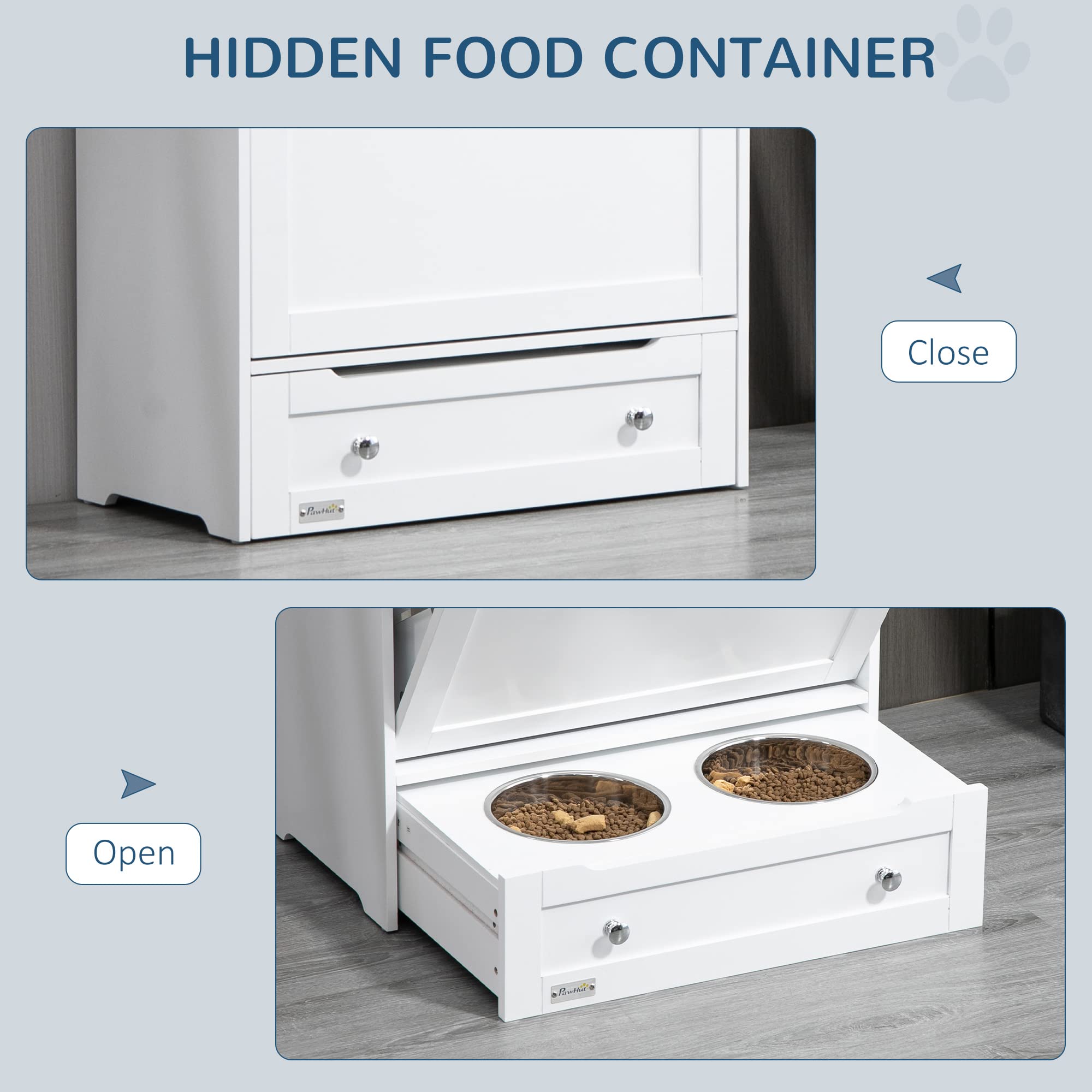 PawHut Elevated Dog Feeding Station with Food Storage Cabinet - Includes Raised Bowls & Hanger for Pet Food & Water Supplies - Perfect for Kitchen, Laundry Room or Pet Feeding Area - White
