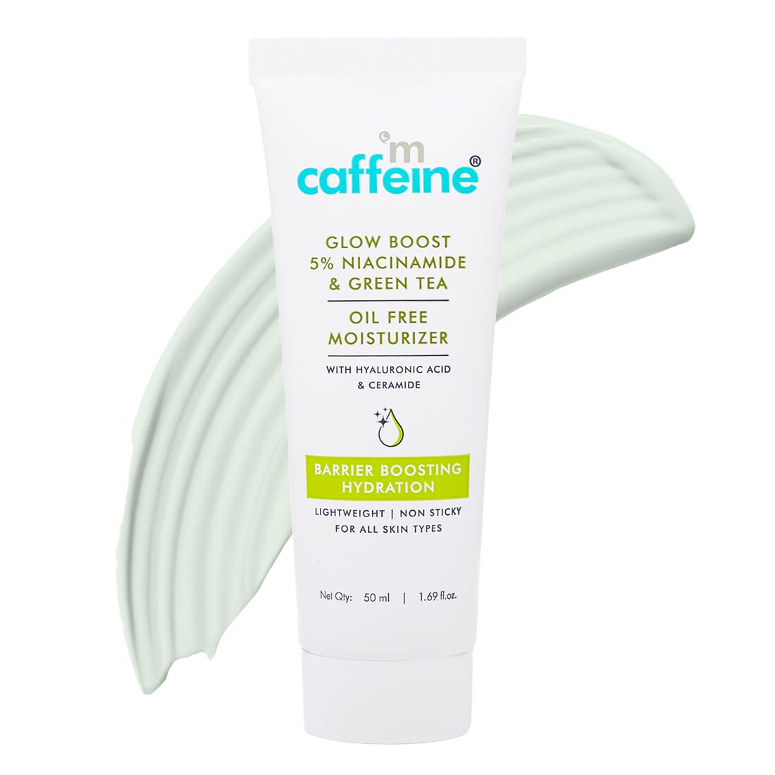 mCaffeine Glow Boost 5% Niacinamide & Green Tea Oil Free Face Moisturizer - Brightens Skin, Evens Tone, Reduces Acne Marks & Blemishes | 72Hrs Hydration | Lightweight Non-Greasy Formula for All Skin Types | Perfect for Daily Skincare Routine & Post-Acne Care - 50ml