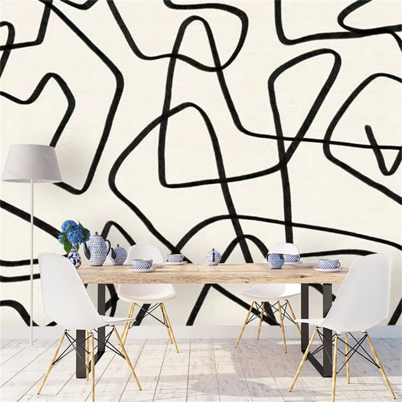 Abstract Art Wallpaper - Black Line Mural Decal | Easy Peel & Stick Wall Sticker for Home & Office Decor | 78.7