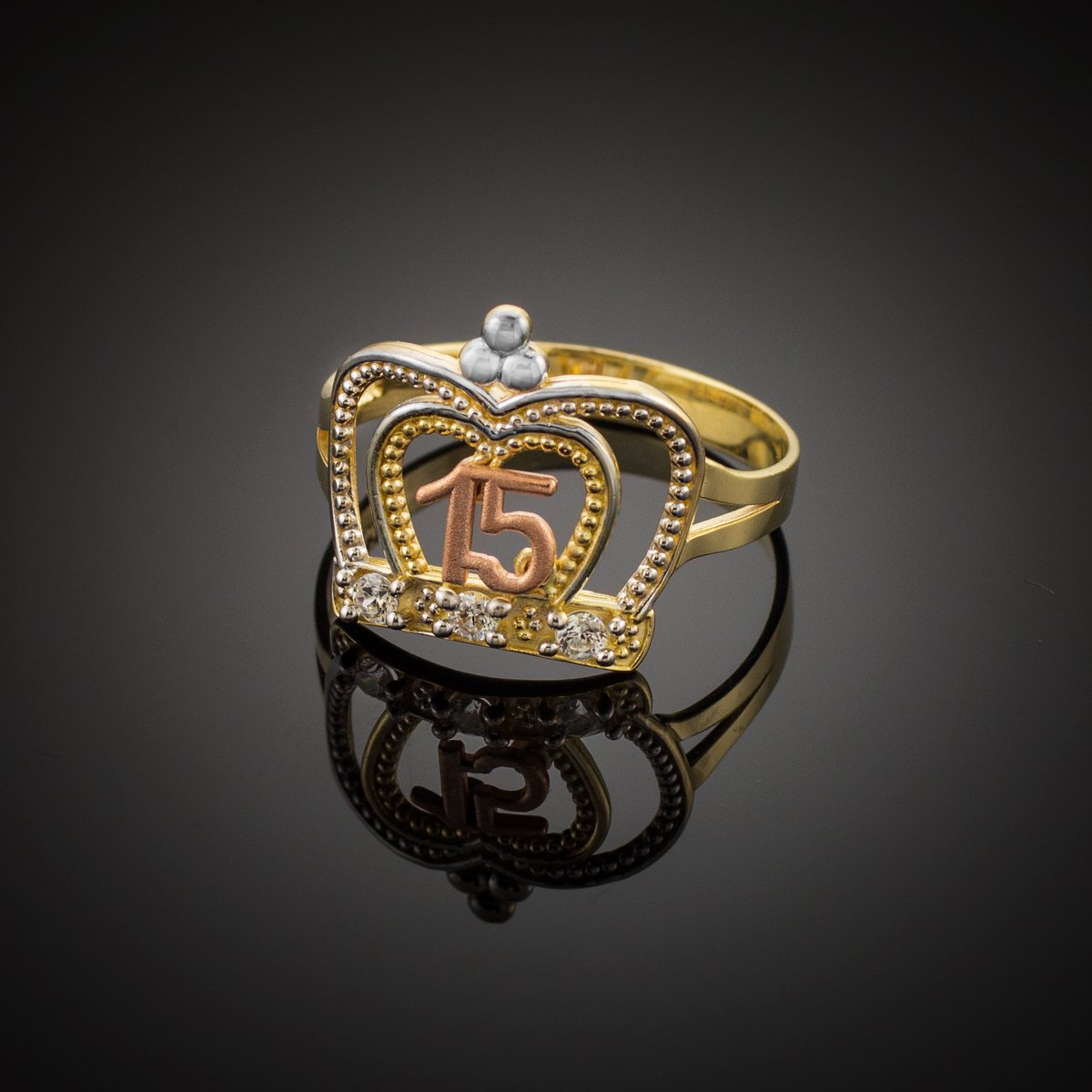 14K Tri-Tone Gold Sweet 15 Crown Ring - Elegant Quinceañera Jewelry for Girls, Imperial Queen Style Band - Perfect for Birthday Celebrations, Coming of Age Parties & Special Occasions