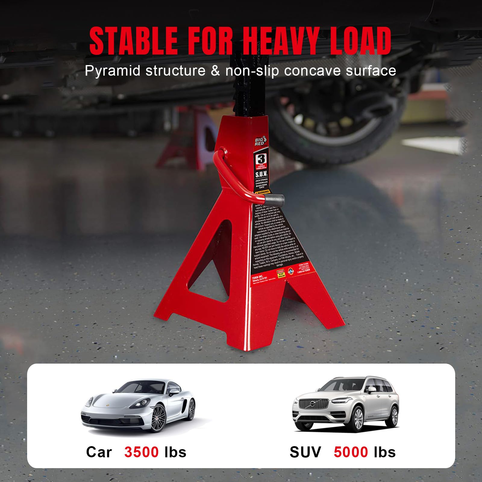 BIG RED Torin 3 Ton Heavy Duty Steel Jack Stands - Pair (2 Pack) for Cars, Trucks, SUVs & Trailers - Red Safety Stands for Vehicle Maintenance & Repair