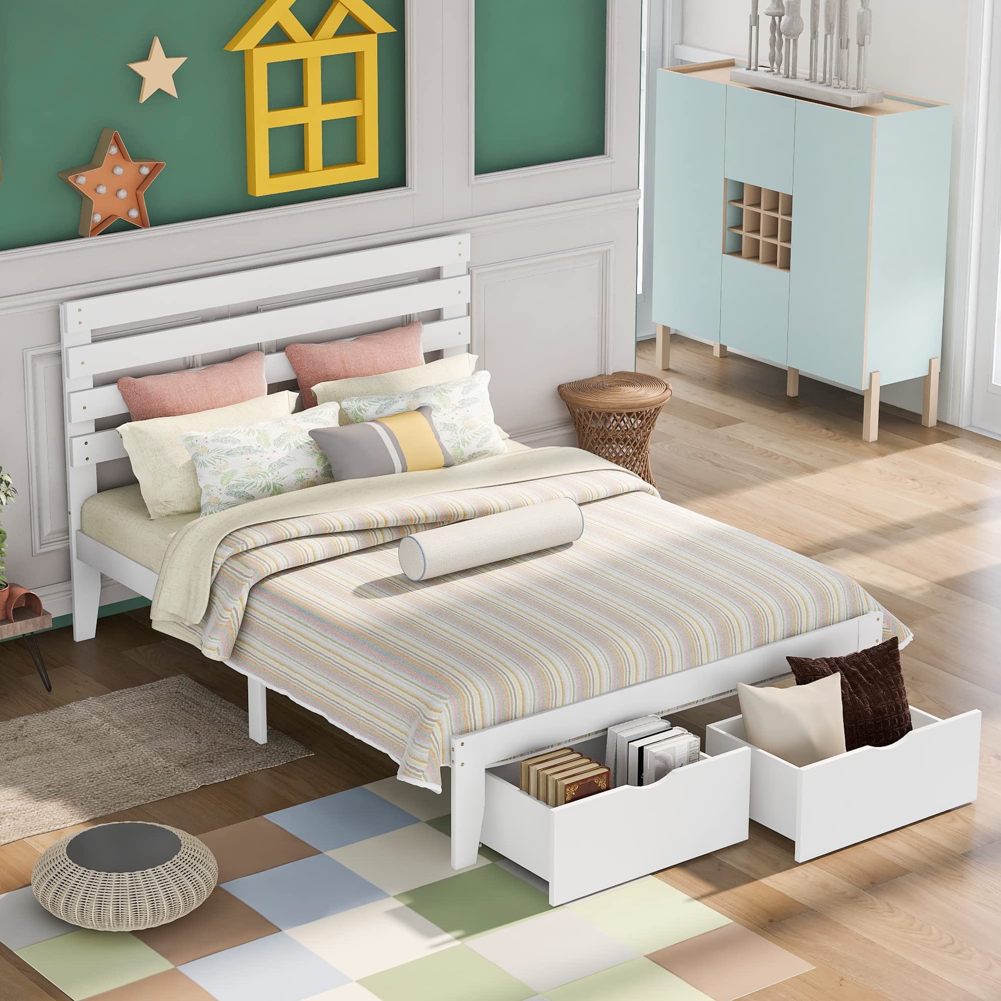 Full Storage Bed with Drawer - Solid Wood Platform Bed Frame with Headboard for Bedroom & Living Room - Wood Slat Support (No Box Spring Needed) - Perfect for Small Space Organization & Guest Room Furniture