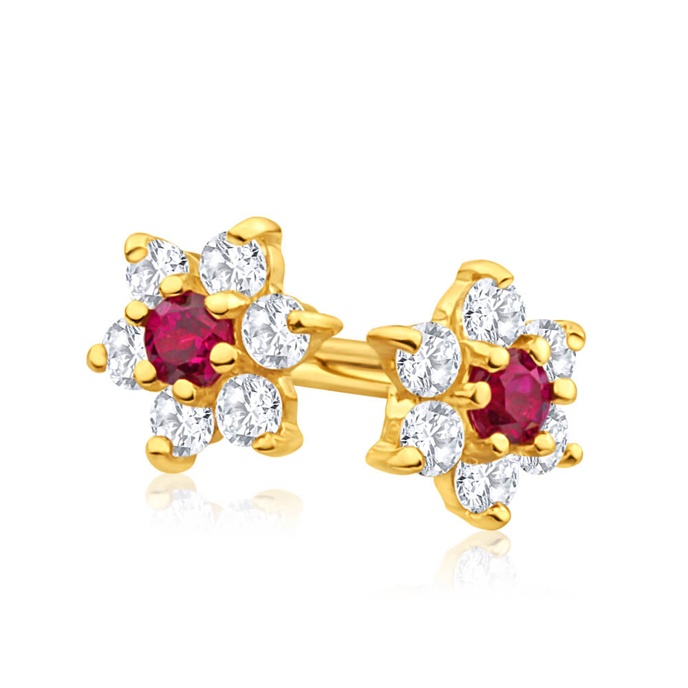 9ct Yellow Gold Created Ruby & Cubic Zirconia Stud Earrings for Women - Elegant Gift for Birthday, Anniversary & Special Occasions