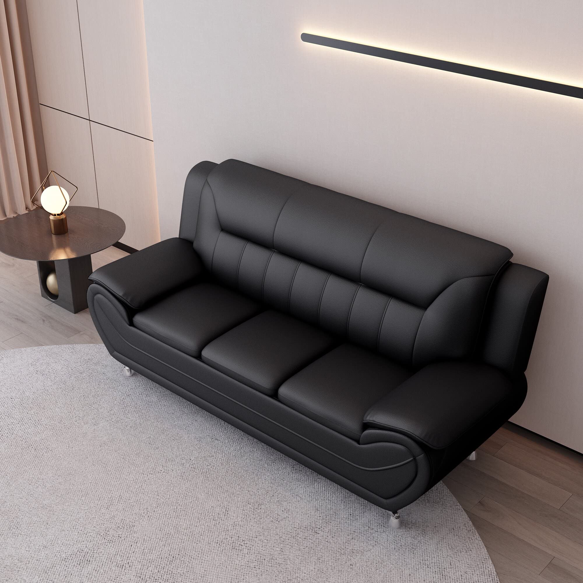 Michael Modern Faux Leather Upholstered Sofa with Stainless Steel Legs - Loveseat & Living Room Couch in Midnight Black | Perfect for Small Spaces, Apartments & Contemporary Home Decor