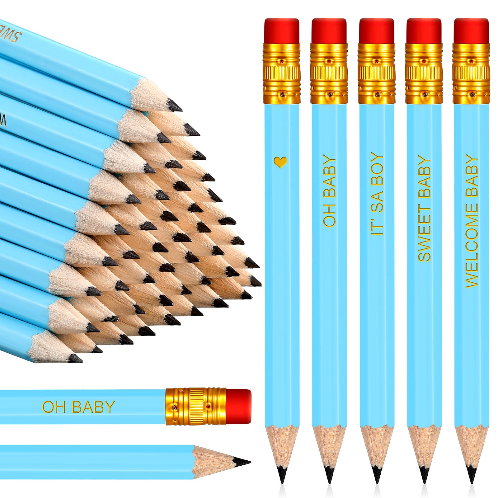 50 Pack Pre-Sharpened Half Pencils with Erasers - 4 Inch Blue Wooden Pencils for Baby Shower Favors, School Supplies, Office & Golf Scorekeeping - Perfect for Party Giveaways, Classroom Rewards & Business Promotions
