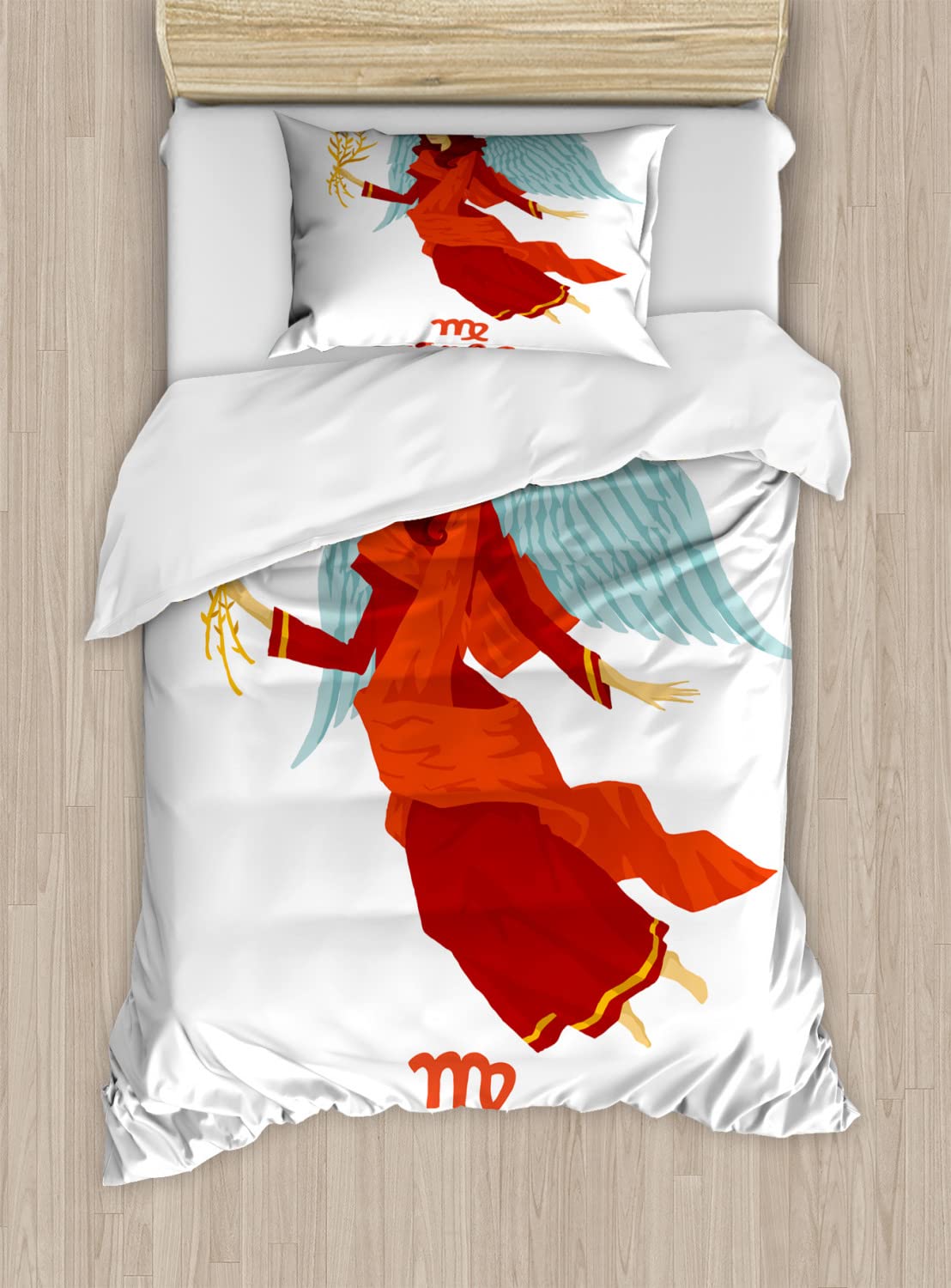 Ambesonne Virgo Duvet Cover Set - Queen Size 2-Piece Bedding with Zodiac Sign Design (Woman with Wings & Dress) - Includes 2 Duvet Covers & 4 Pillowcases - Vermilion Seafoam Orange - Perfect for Horoscope Lovers' Bedroom Decor & Gift Ideas