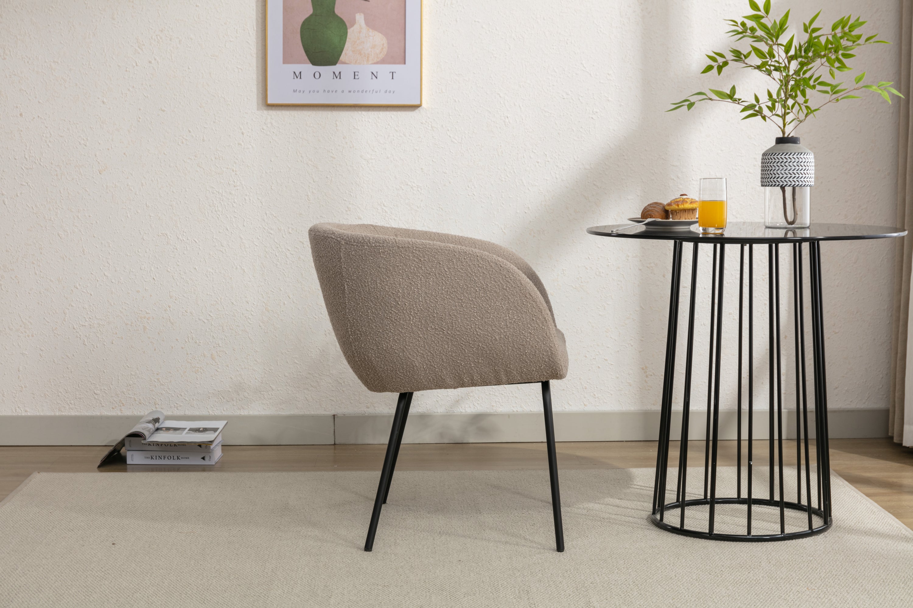 Boucle Fabric Dining Chair with Black Metal Legs - Set of 1 - Modern Upholstered Side Chair for Kitchen, Dining Room & Office