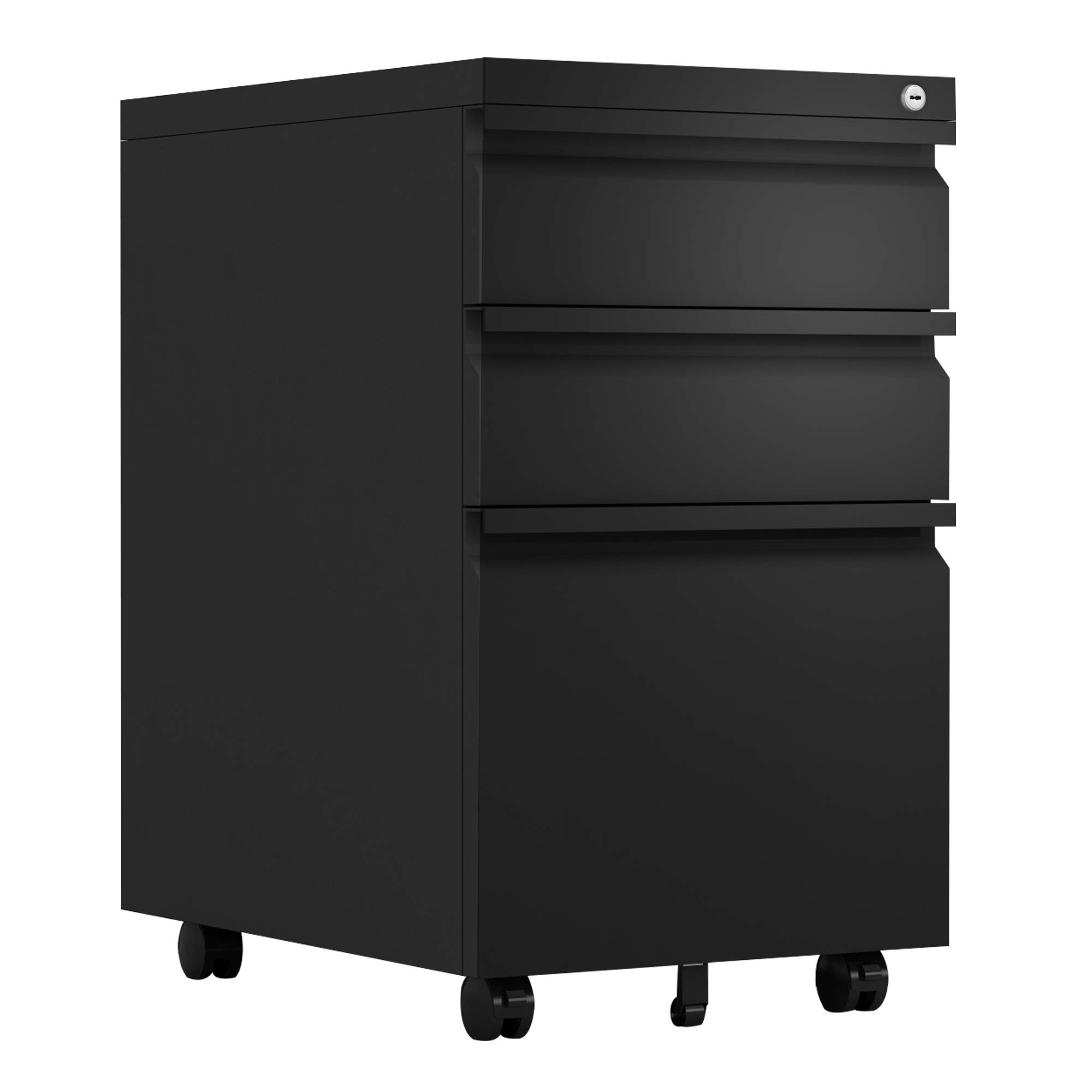 Steel Mobile File Cabinet with Lock & Drawers - Under Desk Metal Pedestal Storage for Legal/Letter Size Documents - Fully Assembled Black Filing Cabinet for Office & Home Organization
