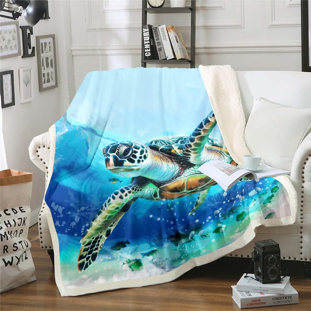 3D Turtle Throw Blanket - Ultra Soft Teal Sherpa Fleece for Kids & Adults - Perfect for Bed, Sofa & Baby Use