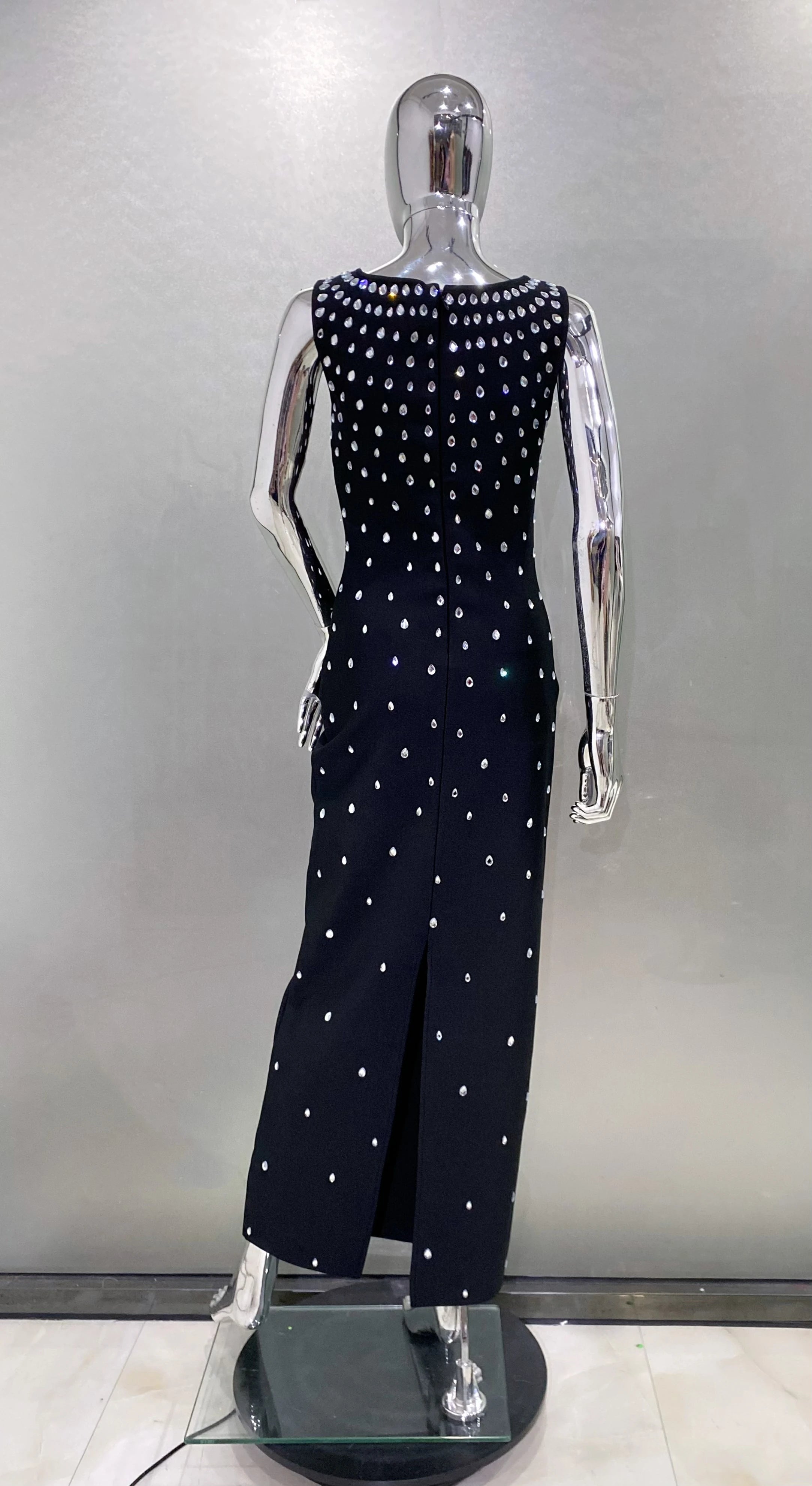 Black & Sky Blue Women's Sleeveless Sexy O-Neck Crystal Bodycon Bandage Long Dress - Perfect for Nightclub Parties, Evening Events & Special Occasions