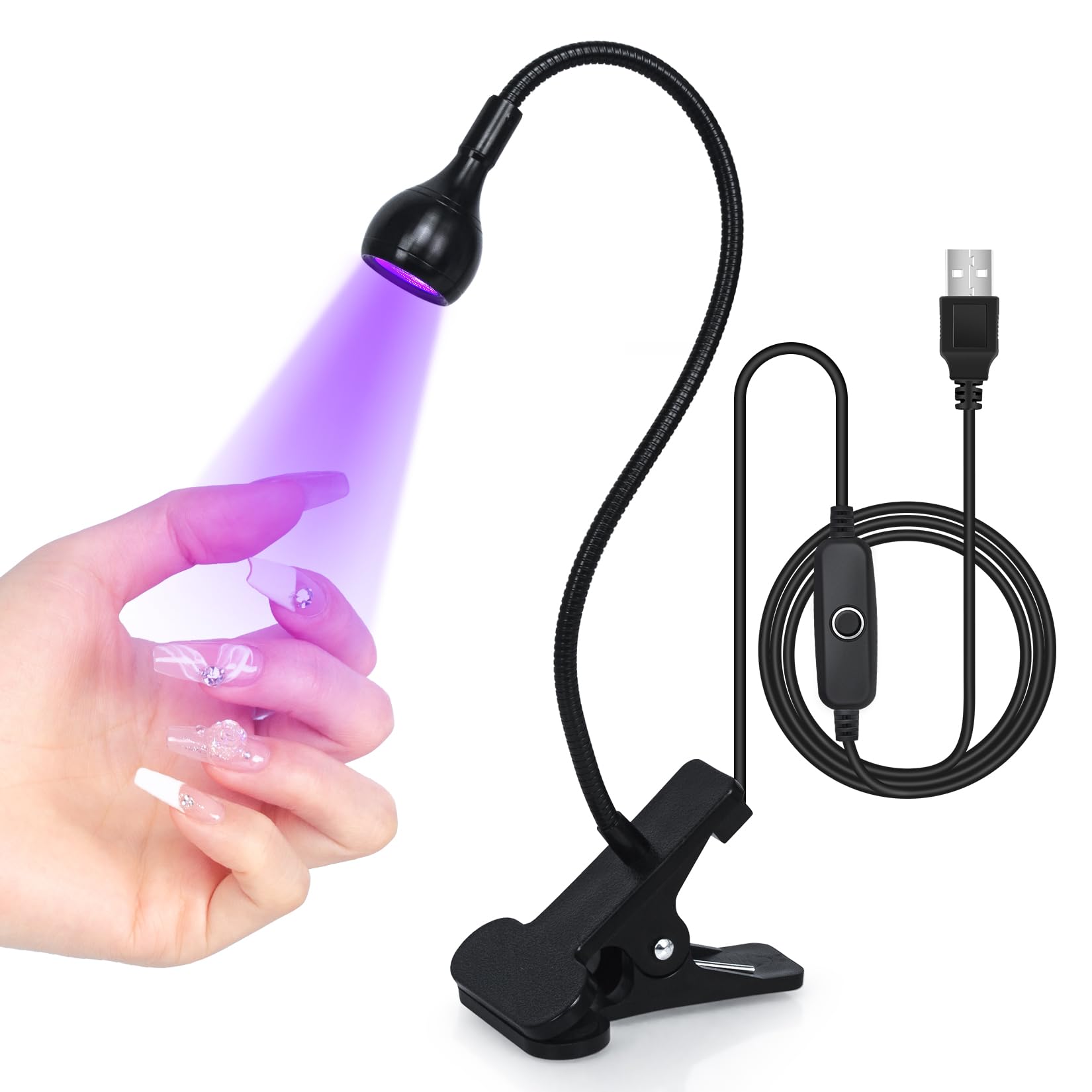 3W UV LED Nail Lamp for Gel Polish - Portable Black Gooseneck UV Light for Gel X Nails with Clamp - Mini Salon & DIY Home Manicure Kit - Perfect for Nail Art, French Tips & Acrylic Nails