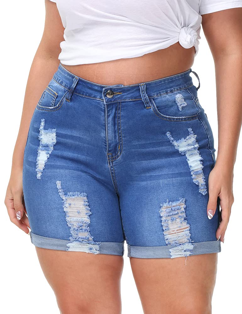 **Gboomo Women's Plus Size High Waisted Distressed Denim Shorts – Ripped Fold Hem Casual Jean Shorts for Summer Outfits & Beach Vacations**