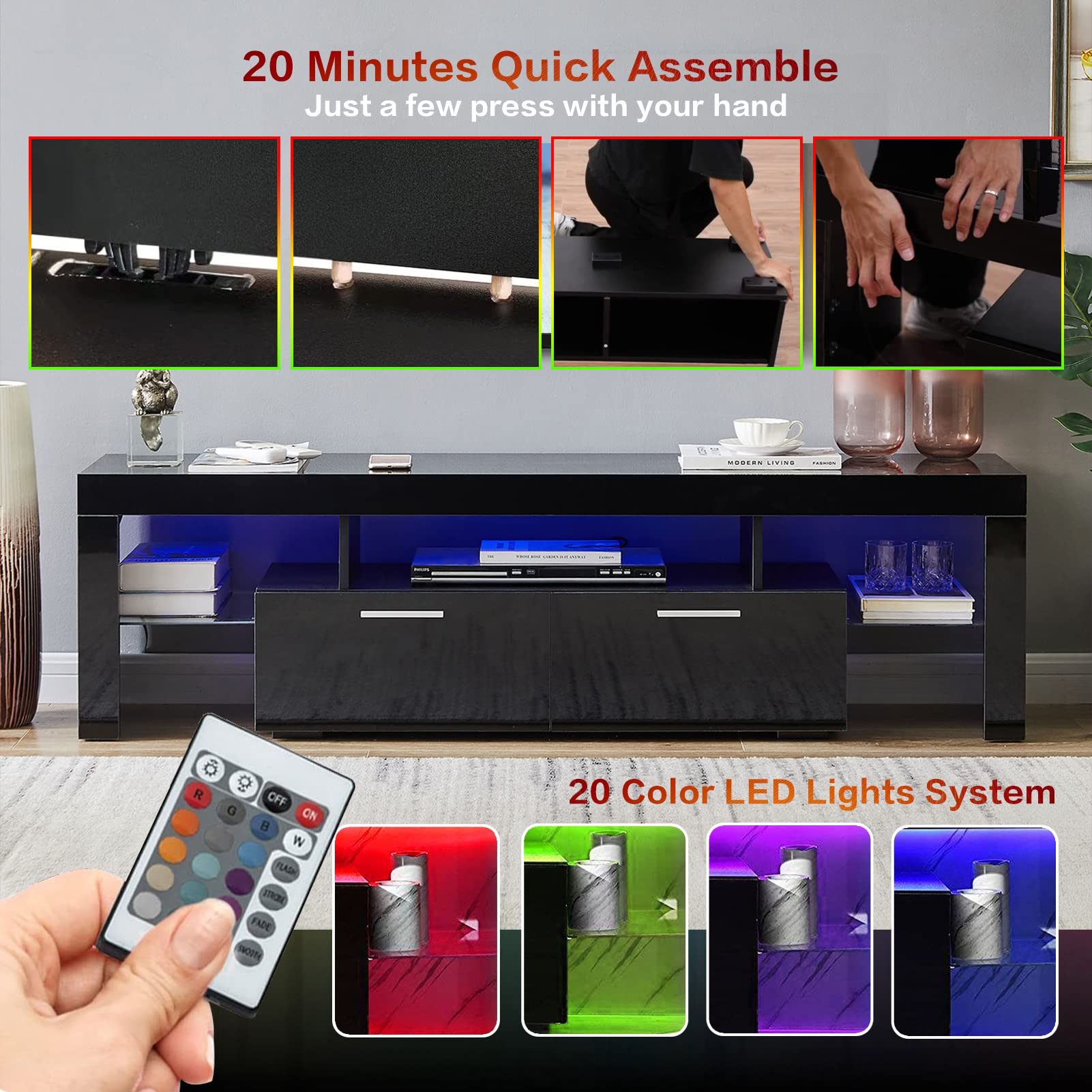 Upgrade LED TV Stand for 65 Inch TVs - 20 Minute Quick Assembly Black Entertainment Center with Storage Cabinet & LED Lights - High Gloss Media Console Table for Living Room - Perfect for Movie Nights & Gaming Setup