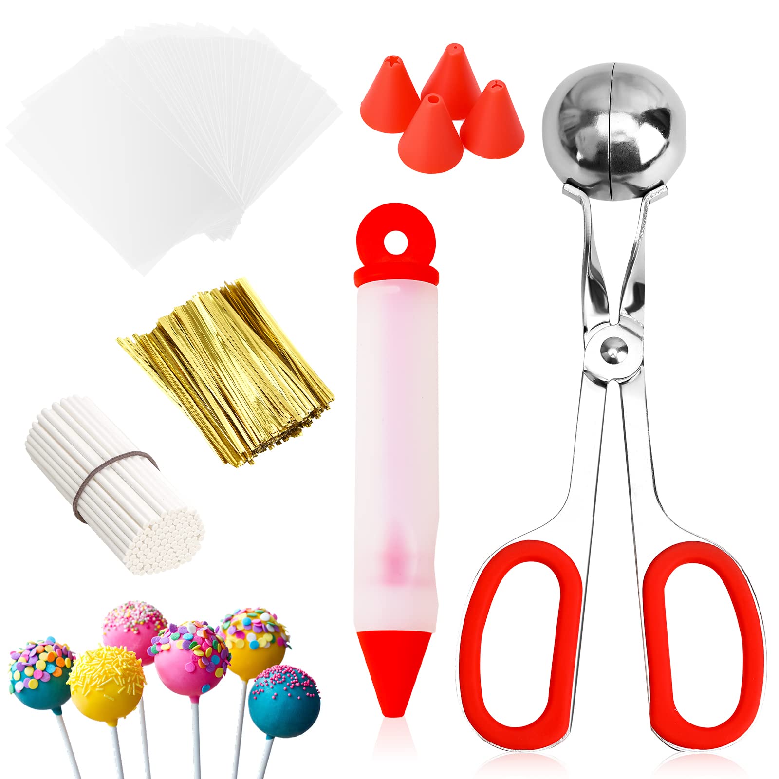 **Red Cake Pop Kit - 100 Cake Pop Sticks, Wrappers & Twist Ties, Scooper & Decorating Pen - DIY Lollipop, Candy, Chocolate & Cookie Making Tools for Parties, Gifts & Baking Fun**