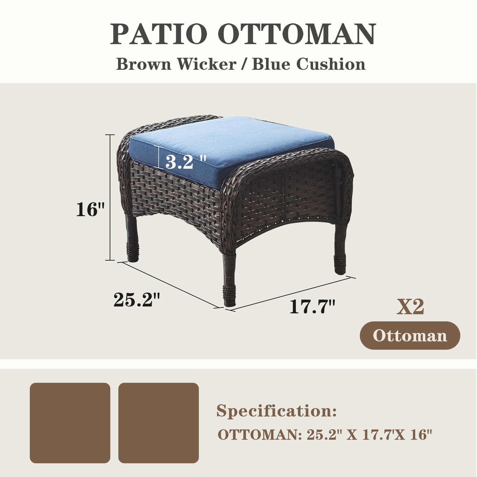25 Inch All-Weather PE Wicker Ottoman Set of 2 - Outdoor Foot Stool for Patio, Balcony, Deck & Backyard - Brown Rattan Footrest for Relaxing, Lounging & Entertaining