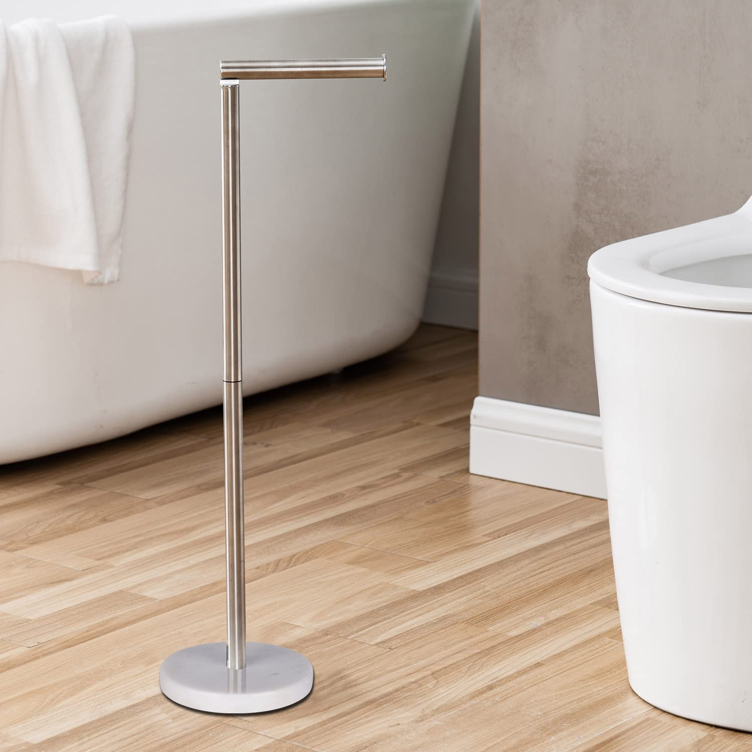 Songtec Free Standing Toilet Paper Holder Stand with Heavy Natural Marble Base - Sturdy Tissue Roll Holder for 5 Rolls (Marble Base, Brushed Nickel) - Perfect for Bathroom, Kitchen, Office & RV Organization