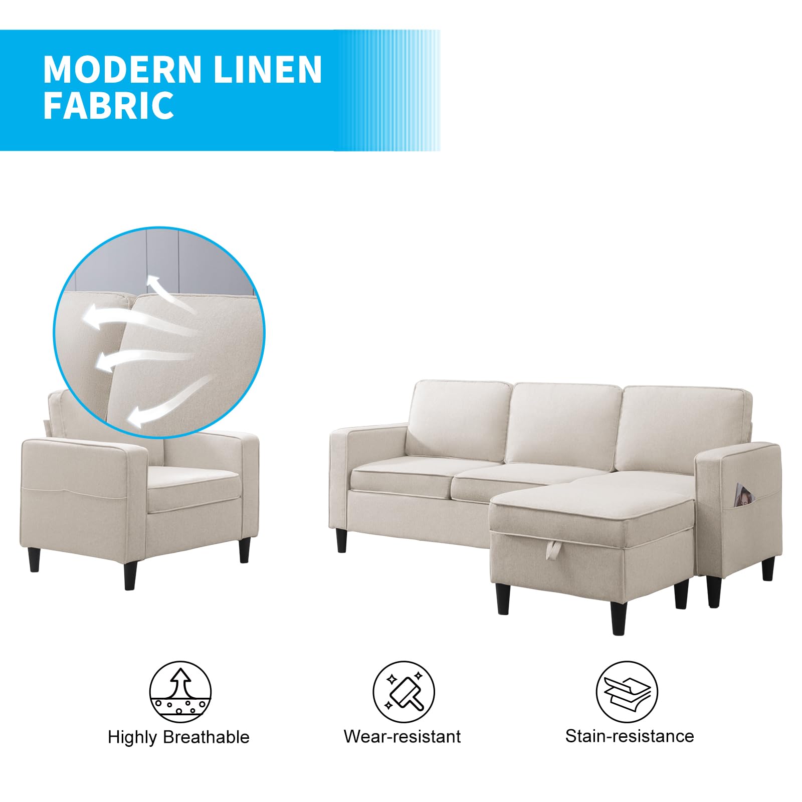 Modern L-Shaped Sectional Sofa with Chaise and Storage - 2-Piece Modular Couch Set for Small Spaces, Living Room, Apartment & Bedroom - Beige Fabric - Perfect for Entertaining Guests or Relaxing in Compact Homes