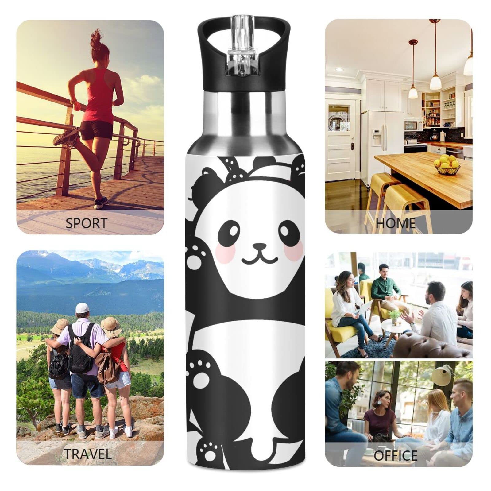 Insulated Stainless Steel Panda Water Bottle for Kids - 20oz Leakproof Cute Animal Print Flask with Straw Lid | Perfect for School, Travel & Outdoor Activities