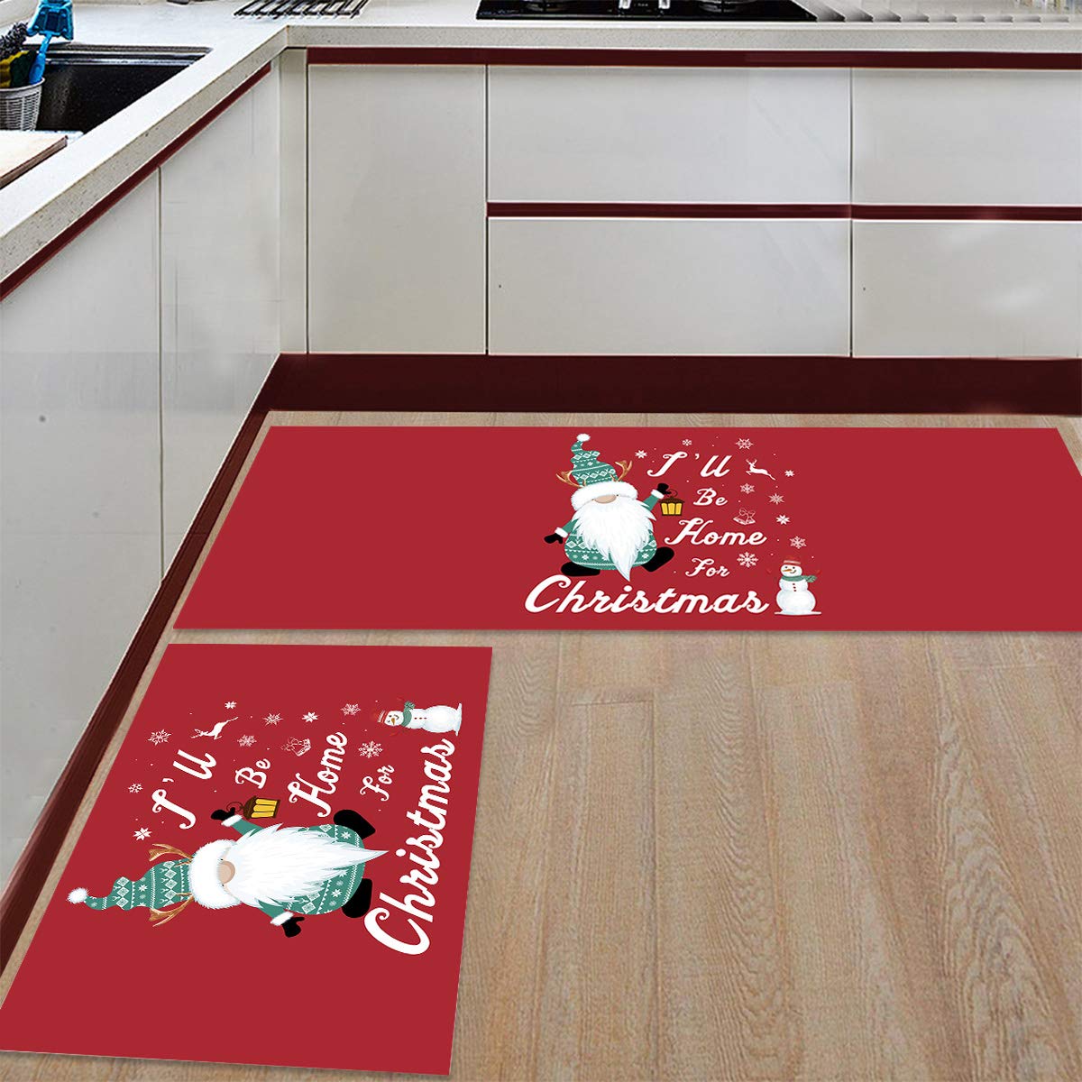 Christmas Elf Snowman Kitchen Mat Set - 2 Pack Absorbent Felt Rugs for Kitchen, Office & Hallway Decor (23.6x35.4in + 23.6x70.9in) - Holiday Home Decor Perfect for Sink Area, Entryway & Christmas Decorations | 'I'll Be Home for Christmas' Red Theme