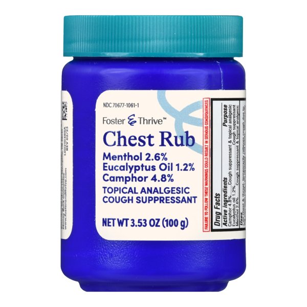 Foster & Thrive Chest Rub Ointment with 4.8% Camphor, 2.6% Menthol & 1.2% Eucalyptus Oil - 3.5 oz for Cough Relief & Congestion - Soothing Vapor Rub for Adults & Kids - Perfect for Cold & Flu Season