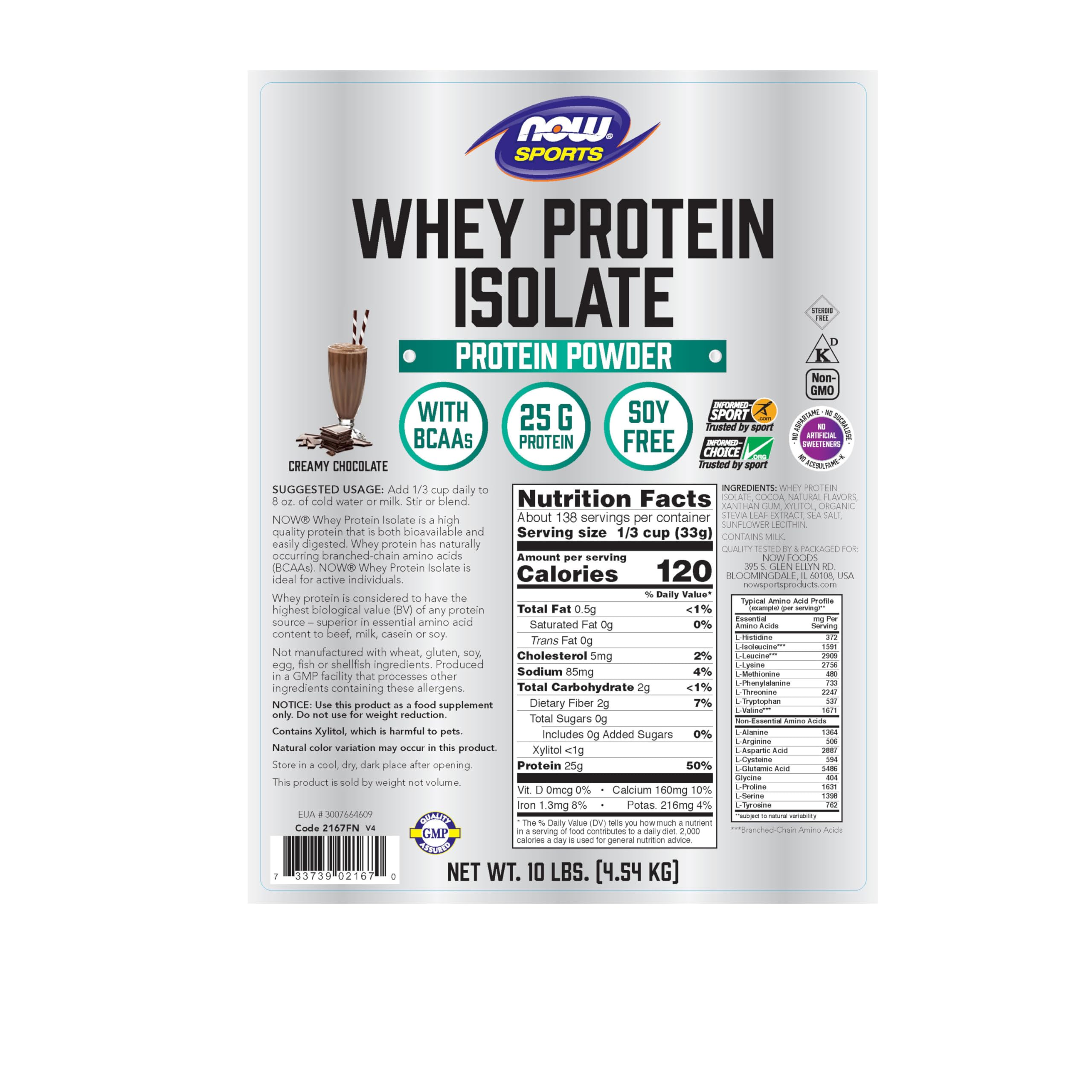 NOW Foods Whey Protein Isolate Powder - 25g Protein per Serving with BCAAs, Creamy Chocolate Flavor, 10 lb Bulk Size for Muscle Recovery & Workout Supplements - Perfect for Post-Workout Shakes, Smoothies & Protein Bars