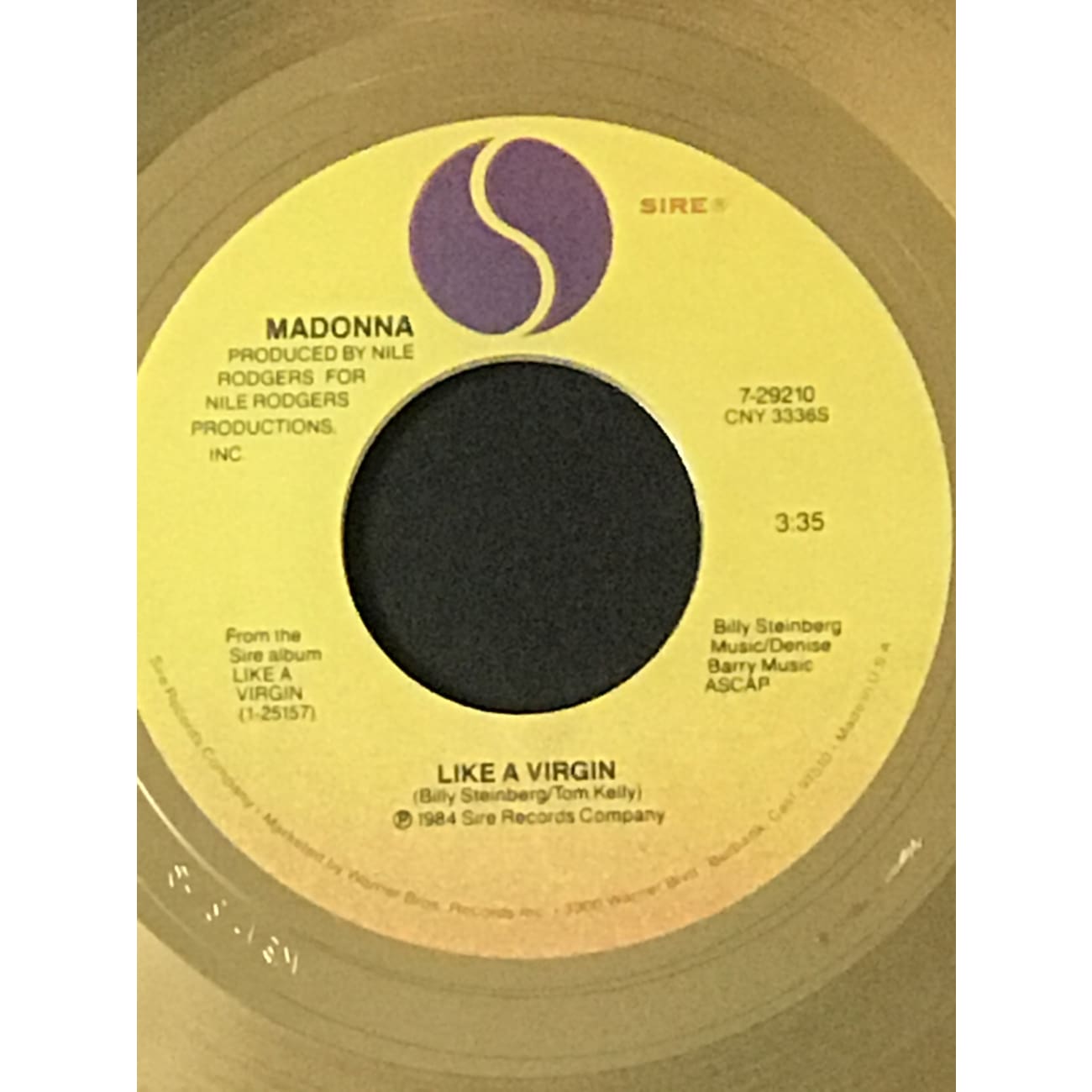 Madonna Like A Virgin RIAA Gold 45 Single Award - Rare Collectible Music Memorabilia for Fans & Display - Perfect for Music Enthusiasts, Home Decor & Gift Giving