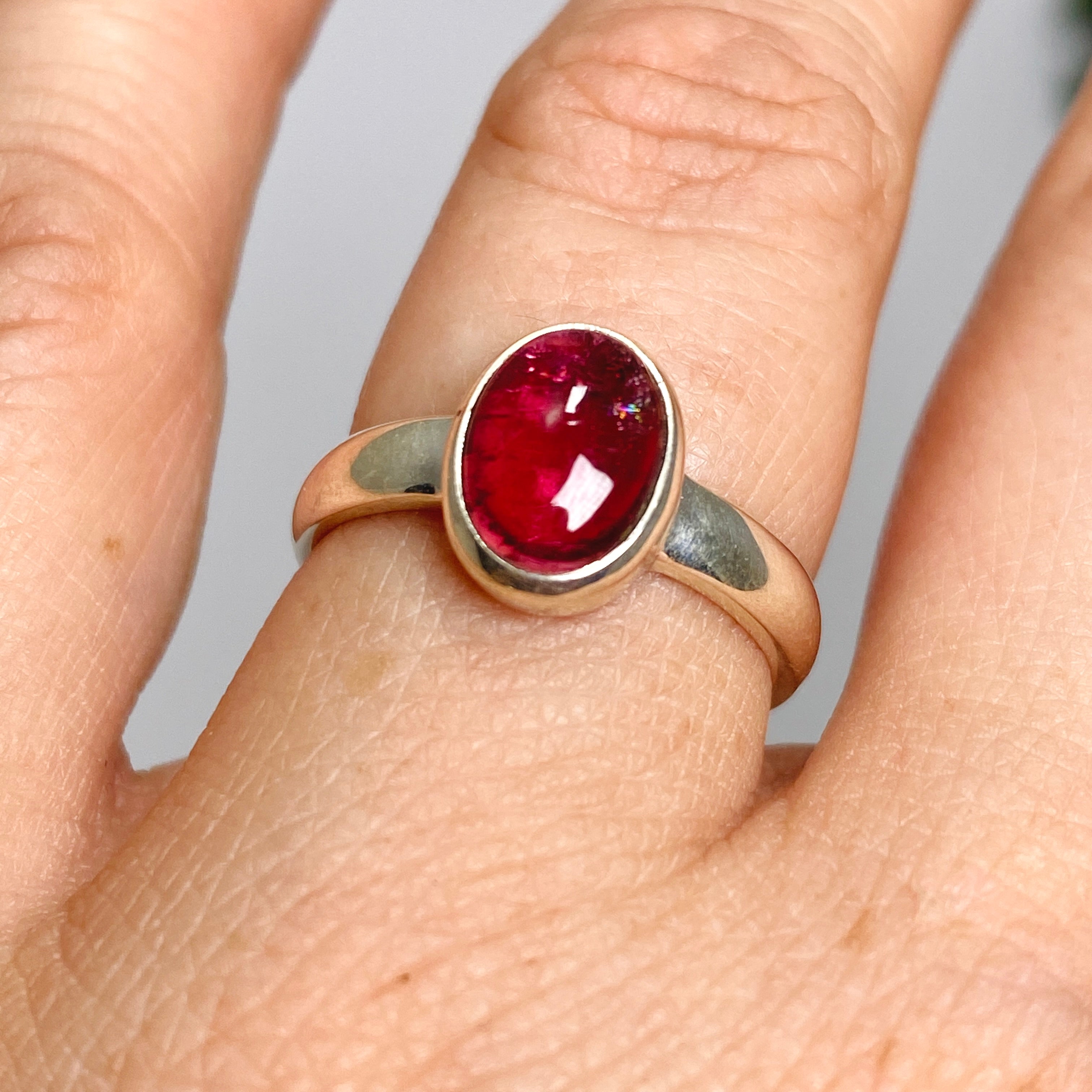 Natural Pink Tourmaline Oval Cabochon Sterling Silver Ring Size 6.5 - Elegant Birthstone Jewelry for Women, Perfect for Valentine's Day Gift & Everyday Wear