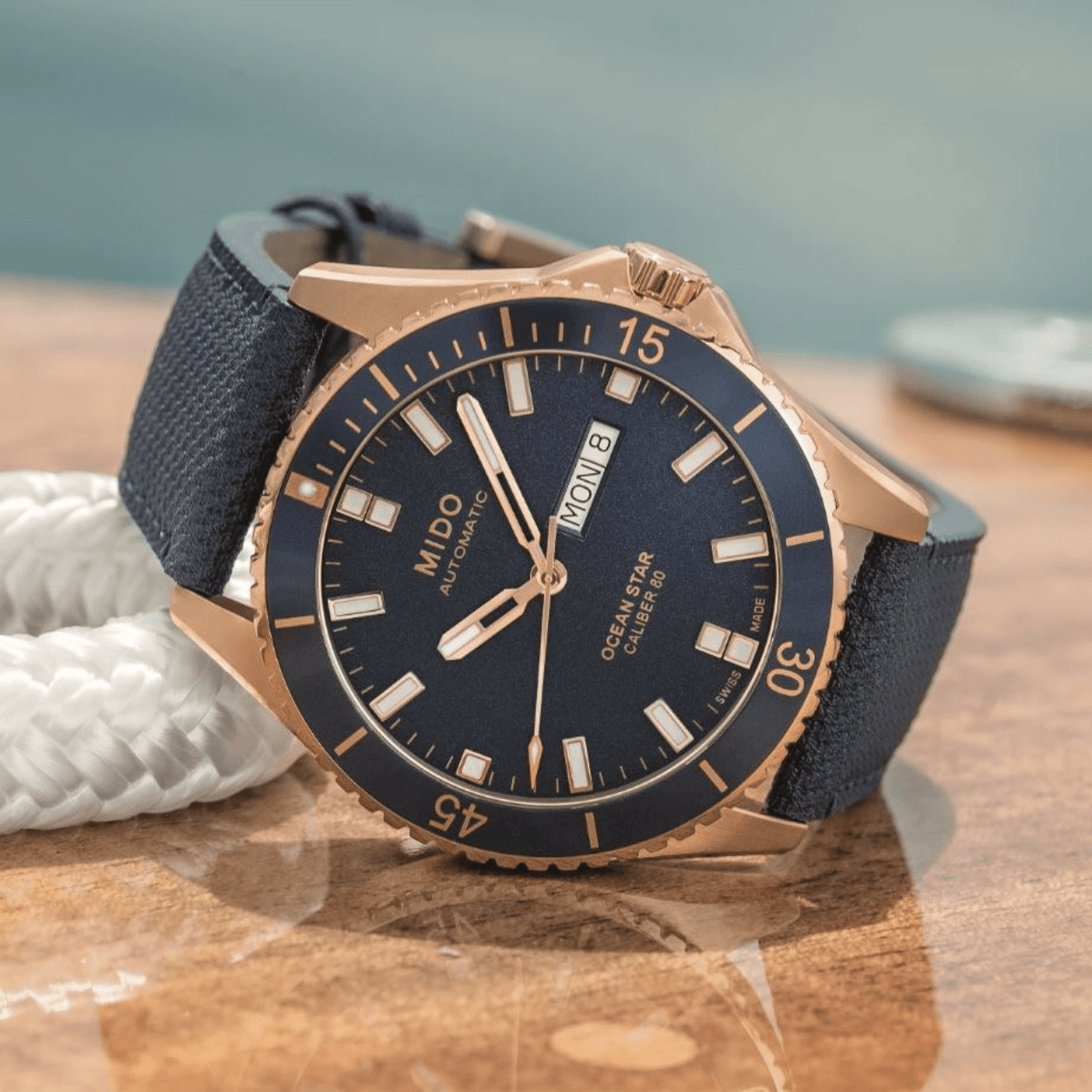 Mido Ocean Star 200 Rose Gold Blue Strap Men's Watch M0264303604100 | Luxury Dive Watch for Men | Perfect for Swimming, Diving & Formal Occasions