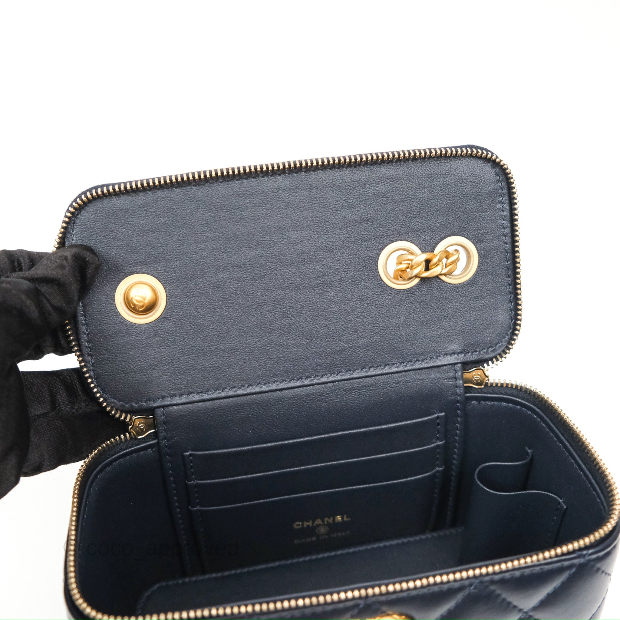 Chanel Navy Lambskin Adjustable Chain Slide Vanity Bag with Aged Gold Hardware - Perfect for Evening Events, Travel & Luxury Fashion Accessories